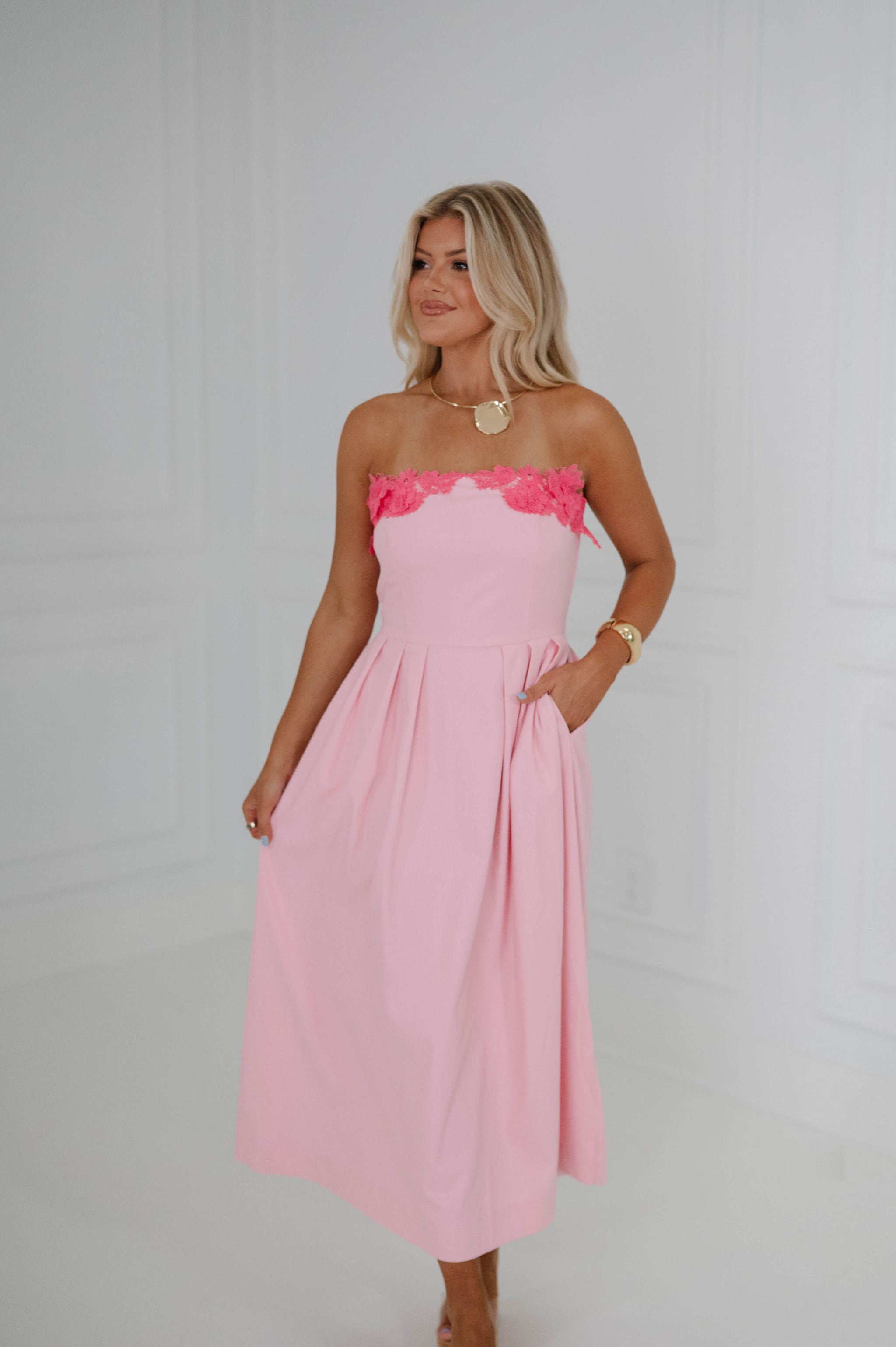 Jane Strapless Embroidered Detail Midi Dress-Pink