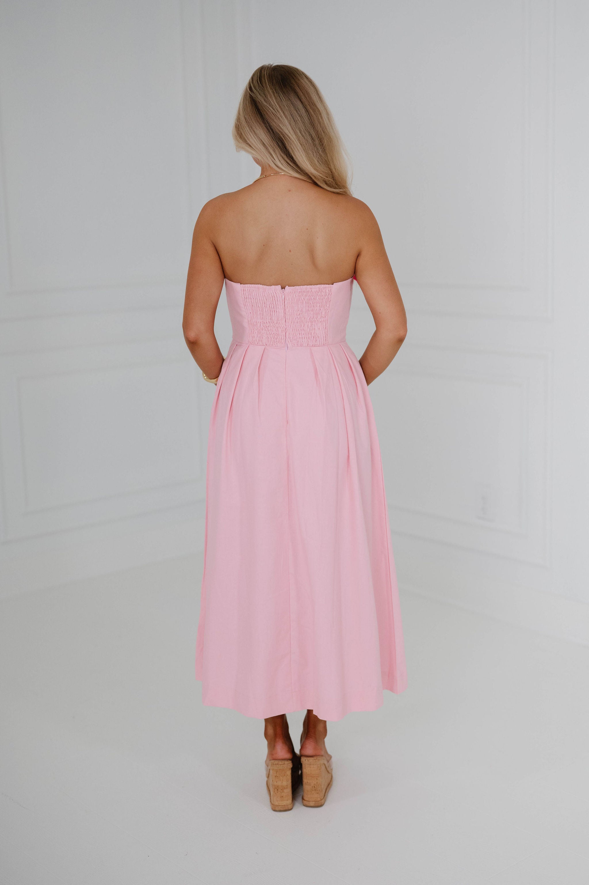 Jane Strapless Embroidered Detail Midi Dress-Pink