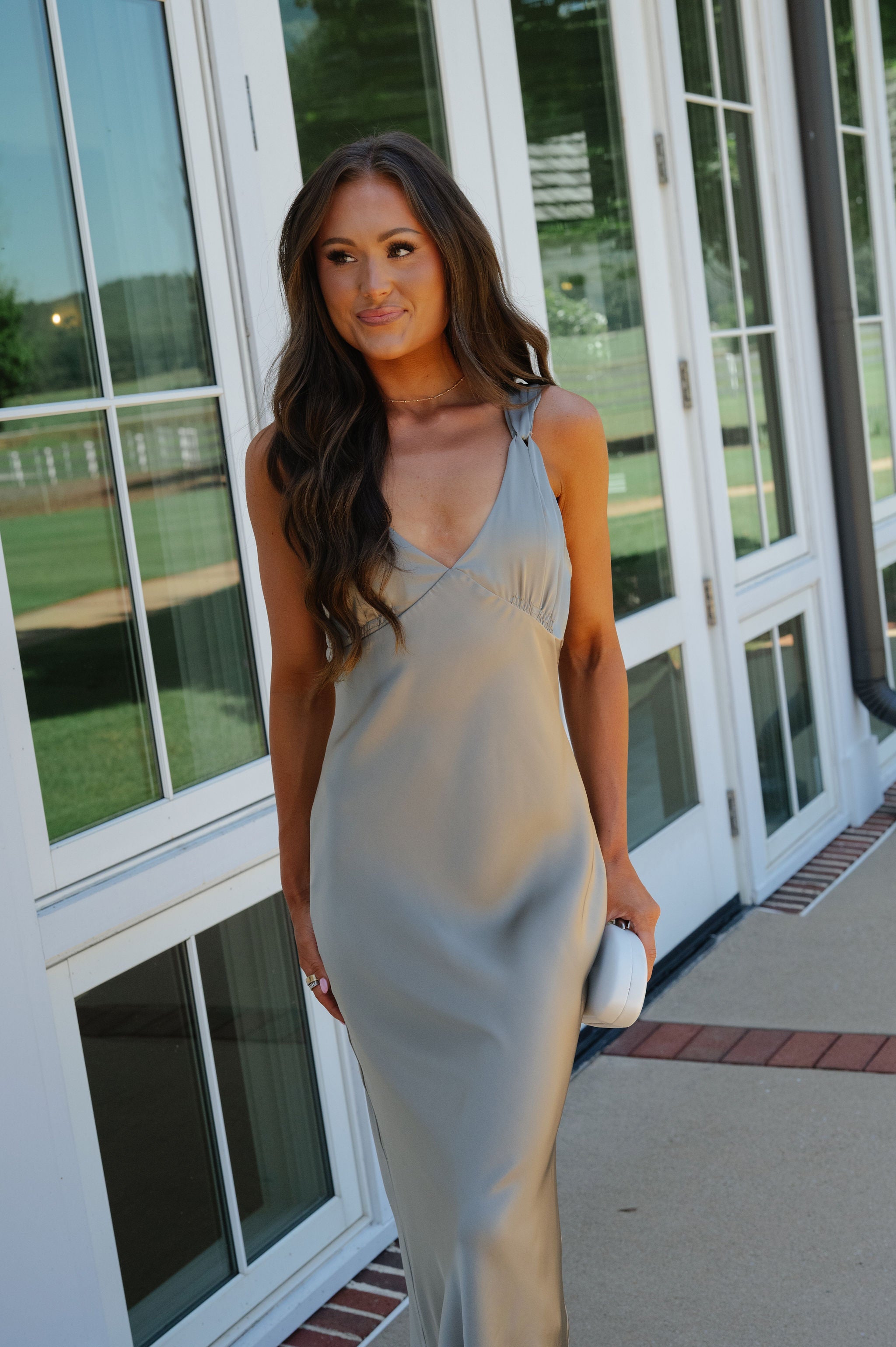 Posie Satin Lace Trim Midi Dress-Light Olive