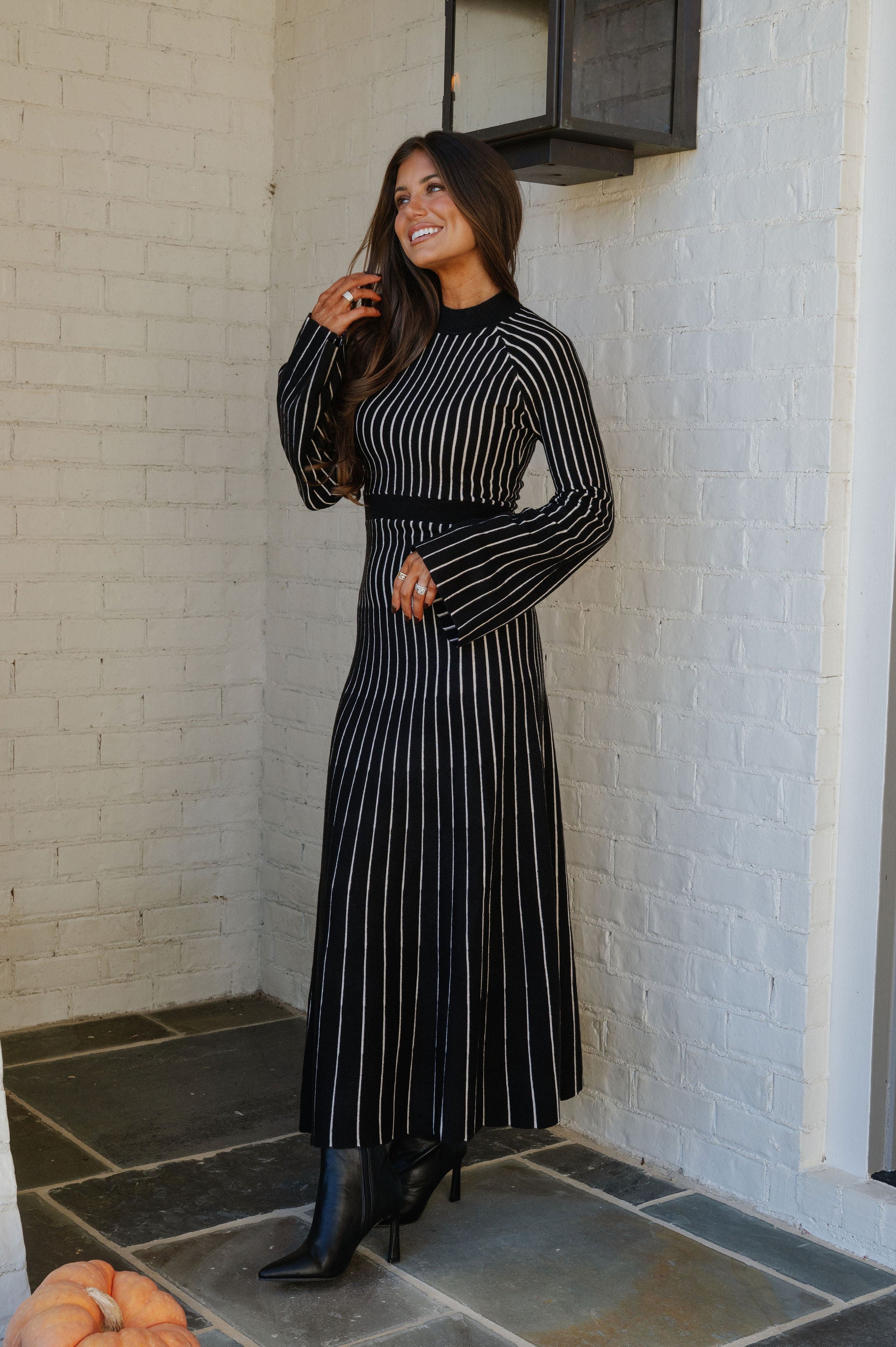 Striped Rib Knit Maxi Dress-Black