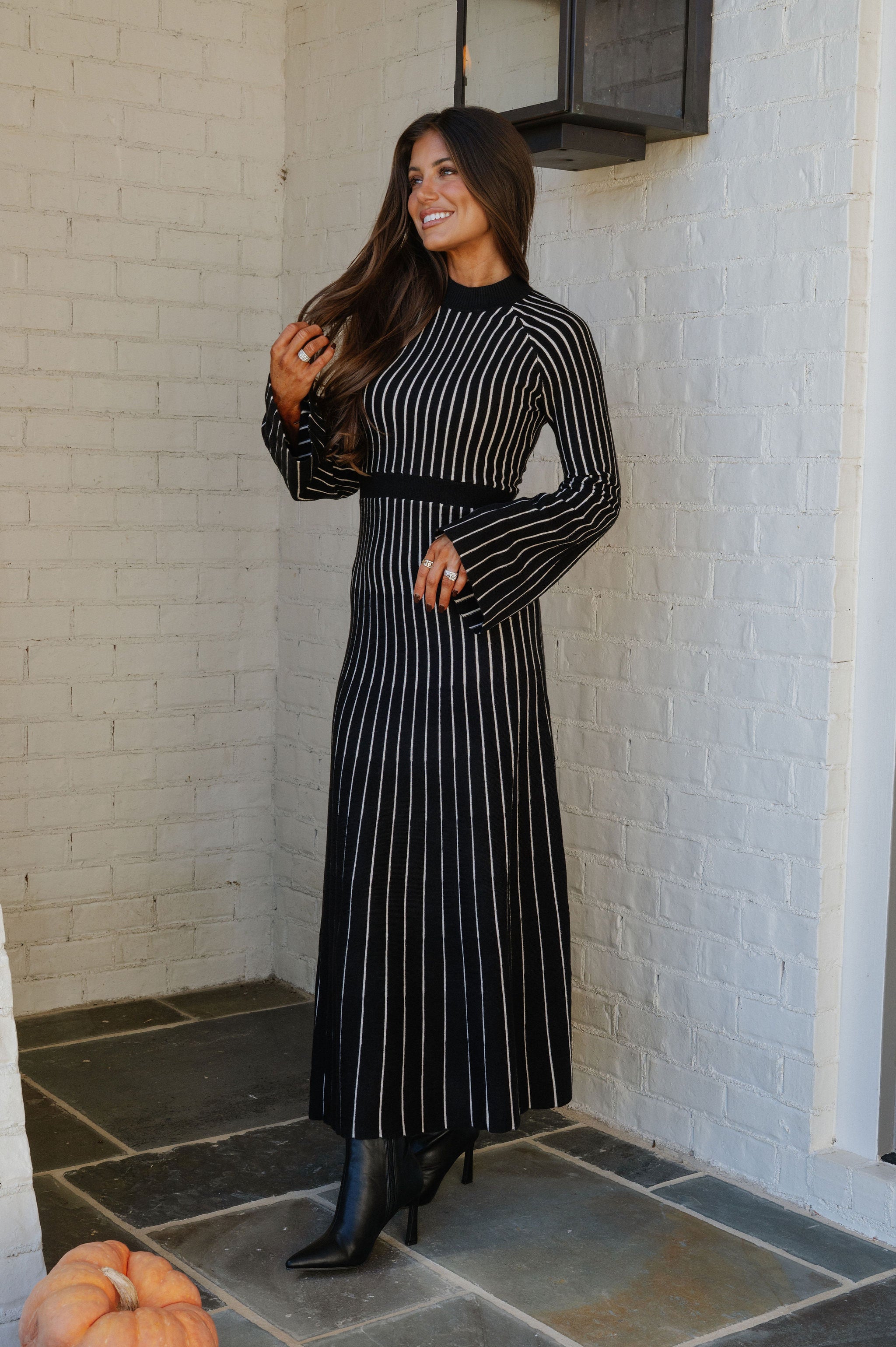 Striped Rib Knit Maxi Dress-Black
