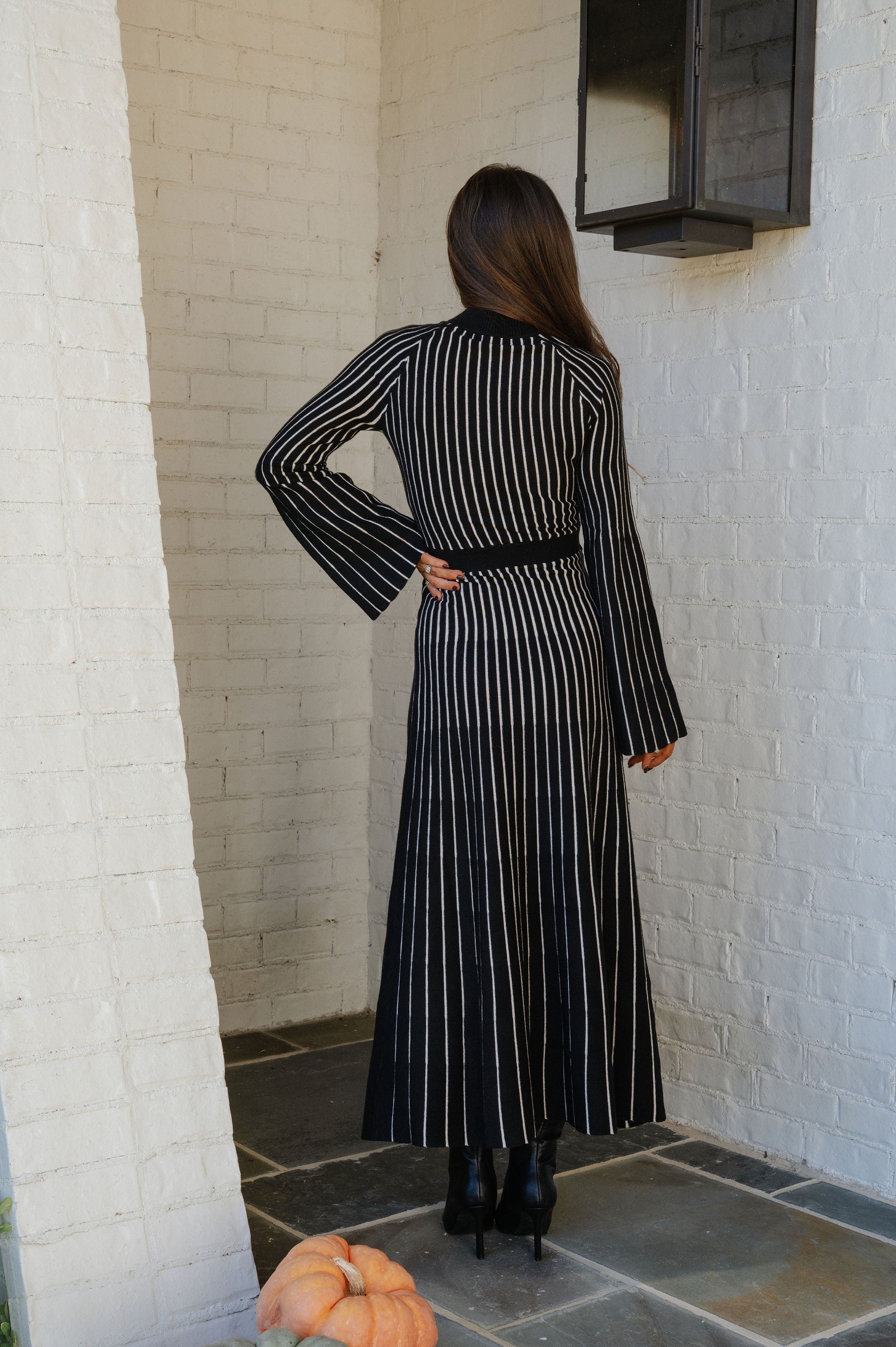 Striped Rib Knit Maxi Dress-Black