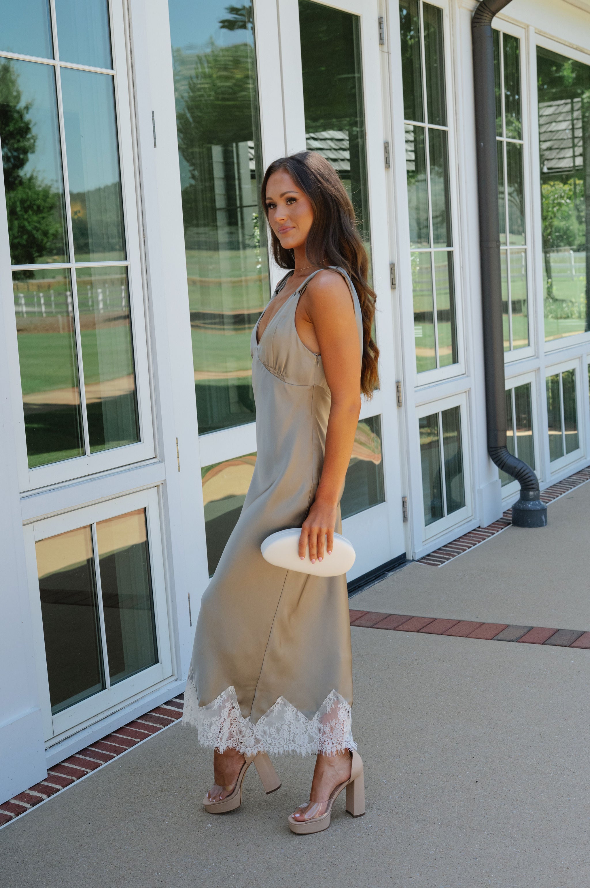 Posie Satin Lace Trim Midi Dress-Light Olive