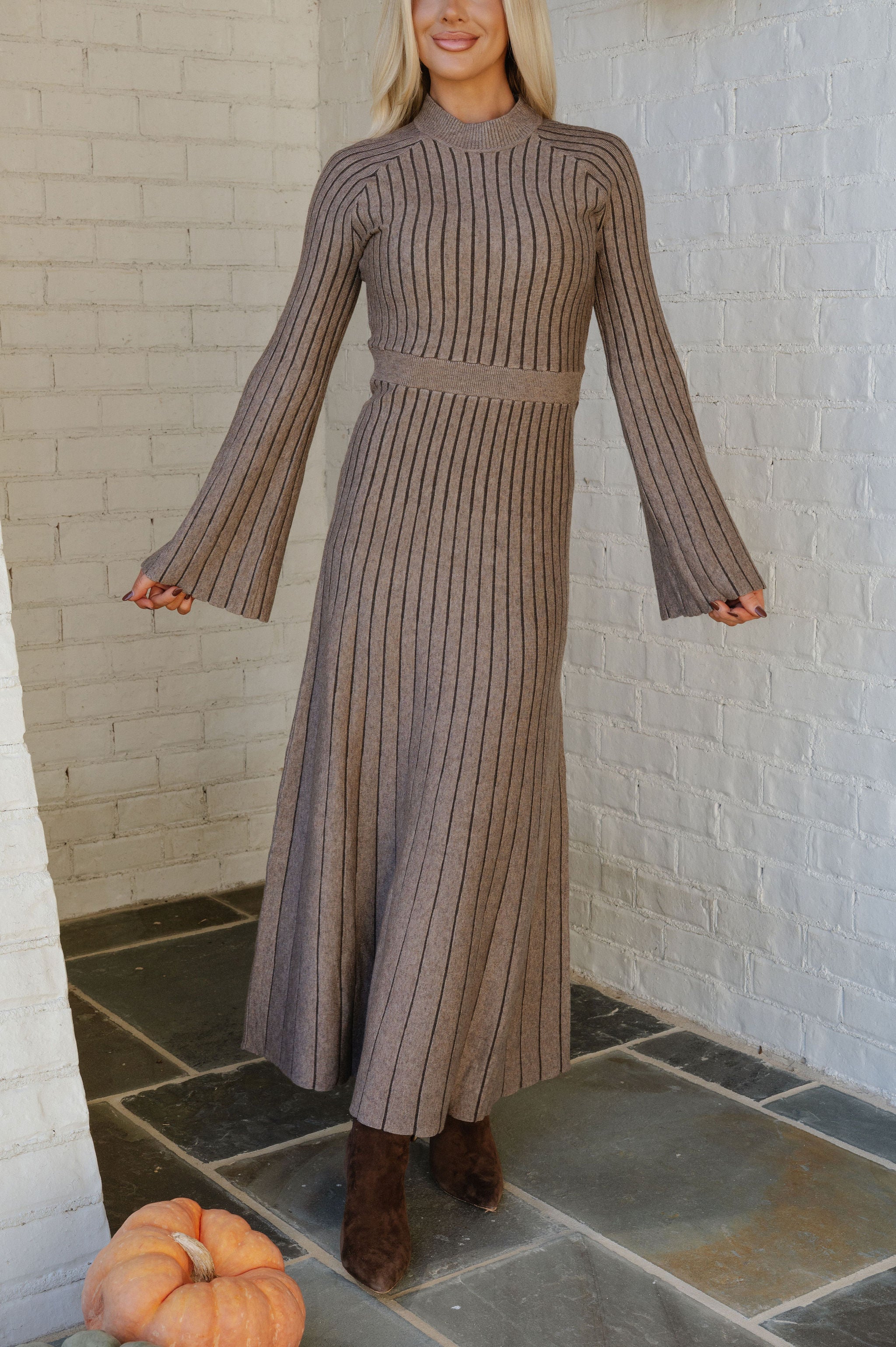 Striped Rib Knit Maxi Dress-Stone
