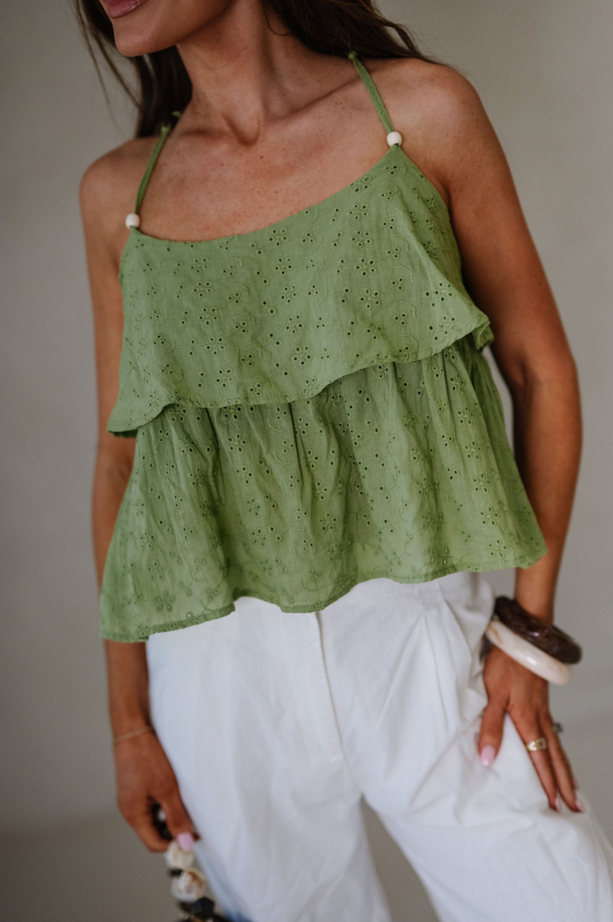 Caitlin Eyelet Top-Olive