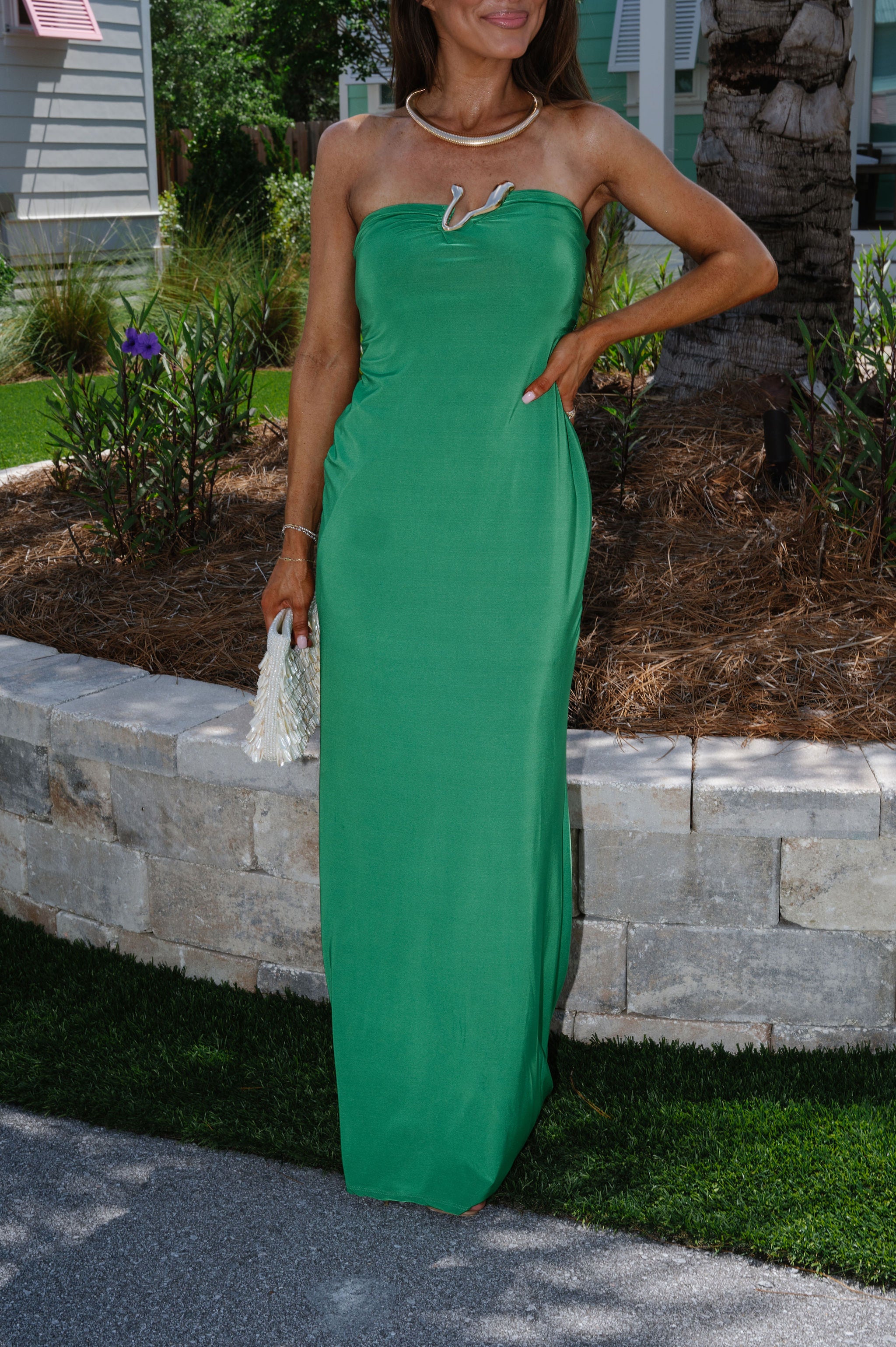 Abstract Chic Hardware Strapless Maxi Dress-Green