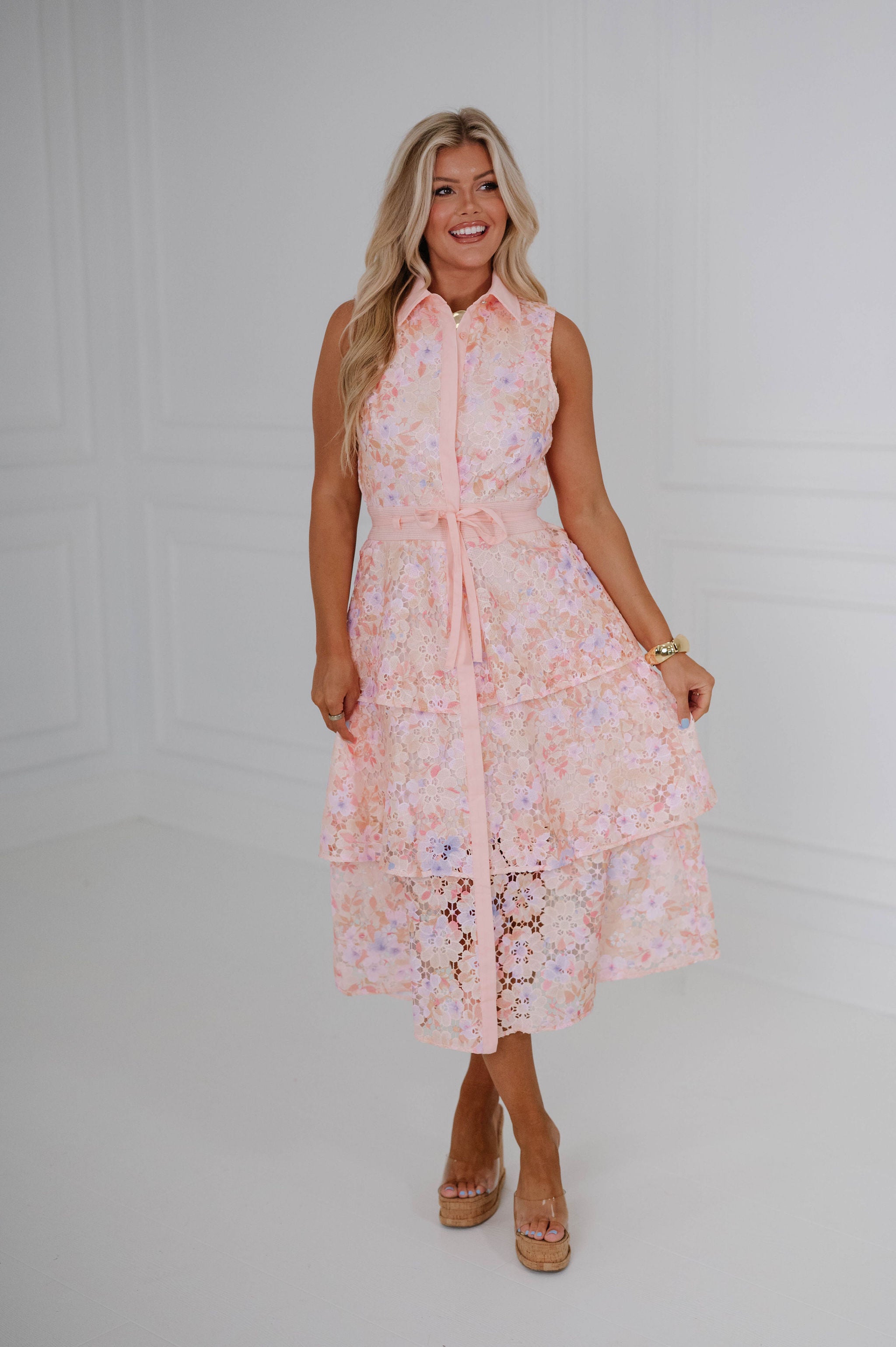 Floral Eyelet Tired Midi Dress-Coral/Lilac