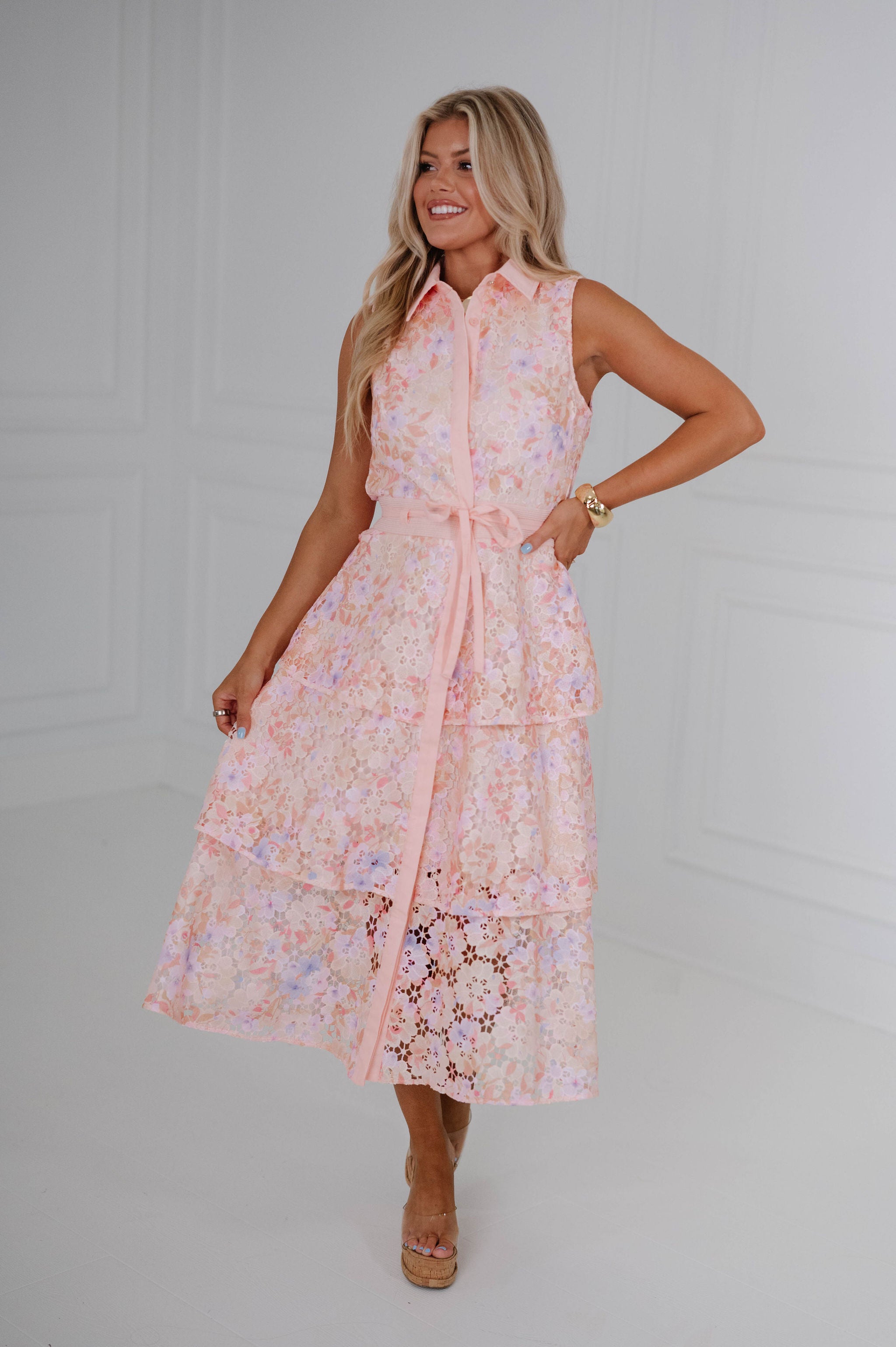 Floral Eyelet Tired Midi Dress-Coral/Lilac