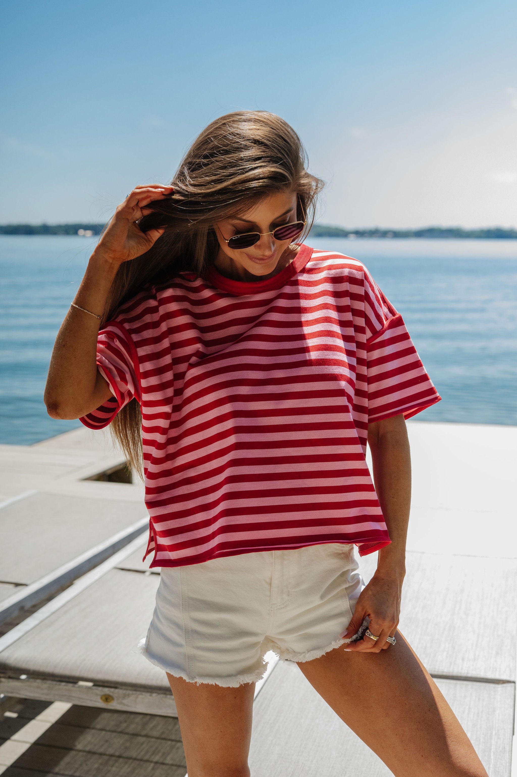 Tanner Striped Oversized Top-Red/Pink