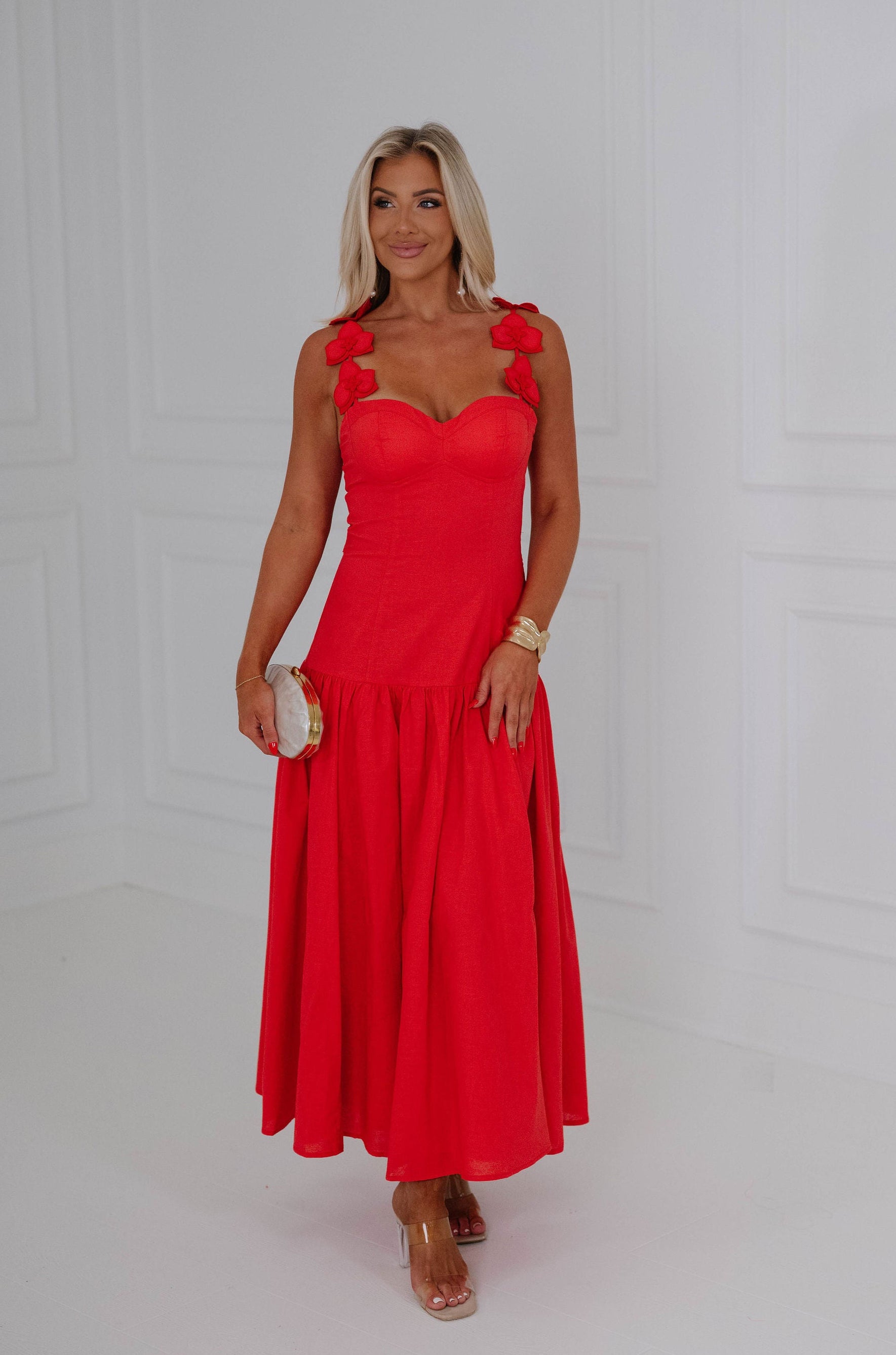 Floral Applique Sweetheart Midi Dress-Red L