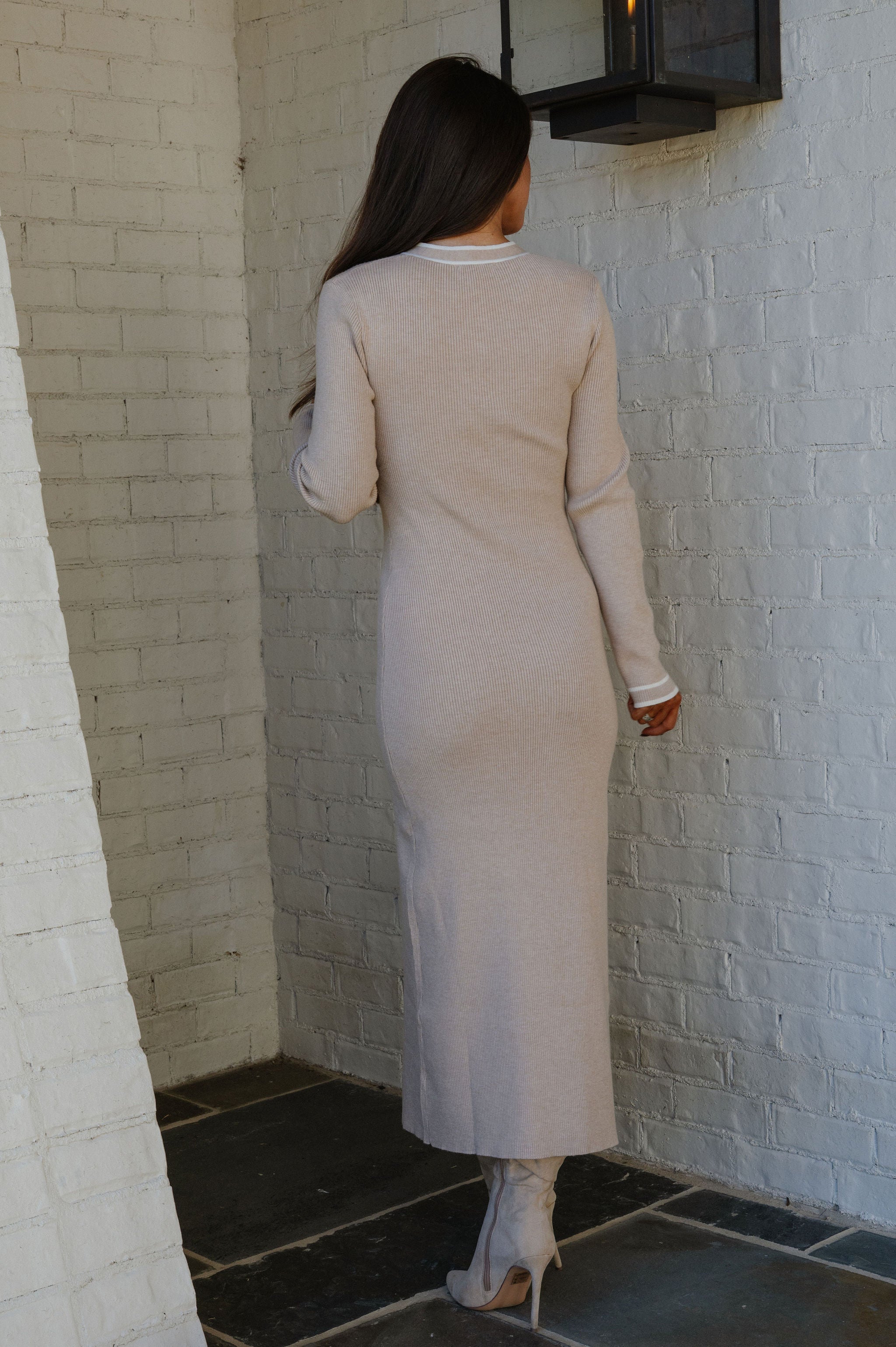 Tie Neck Knit Midi Dress-Oatmeal