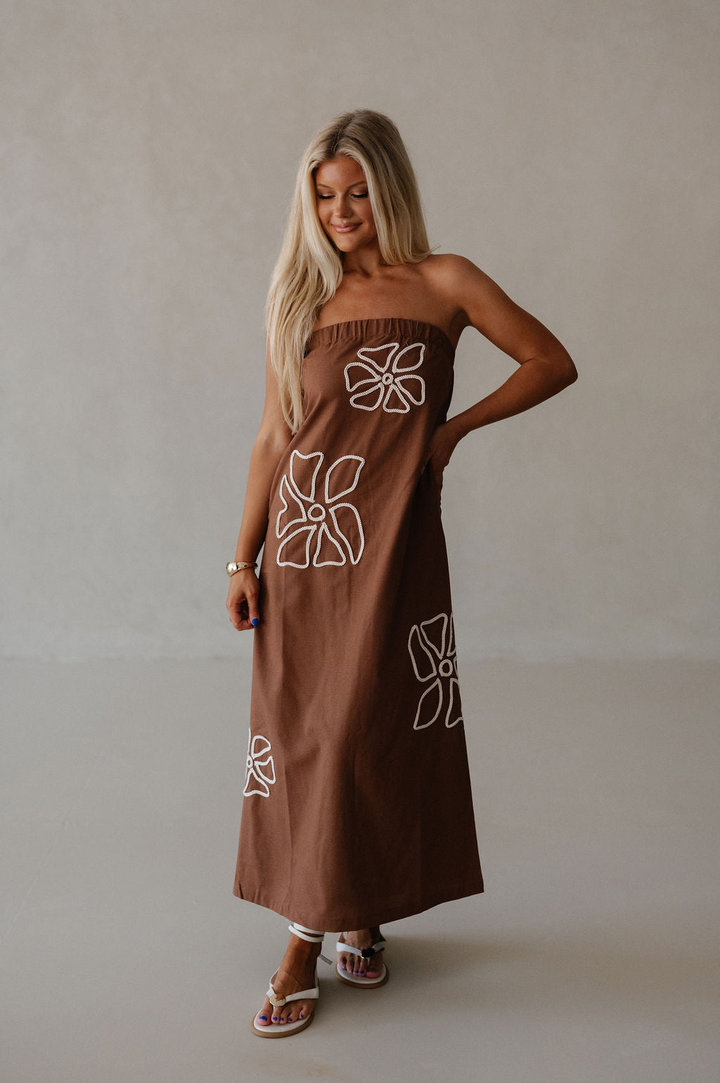Floral Embroidered Tube Maxi Dress-Brown