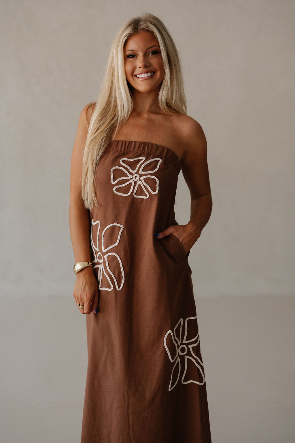 Floral Embroidered Tube Maxi Dress-Brown