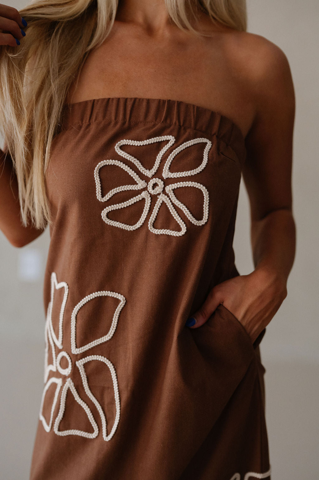 Floral Embroidered Tube Maxi Dress-Brown