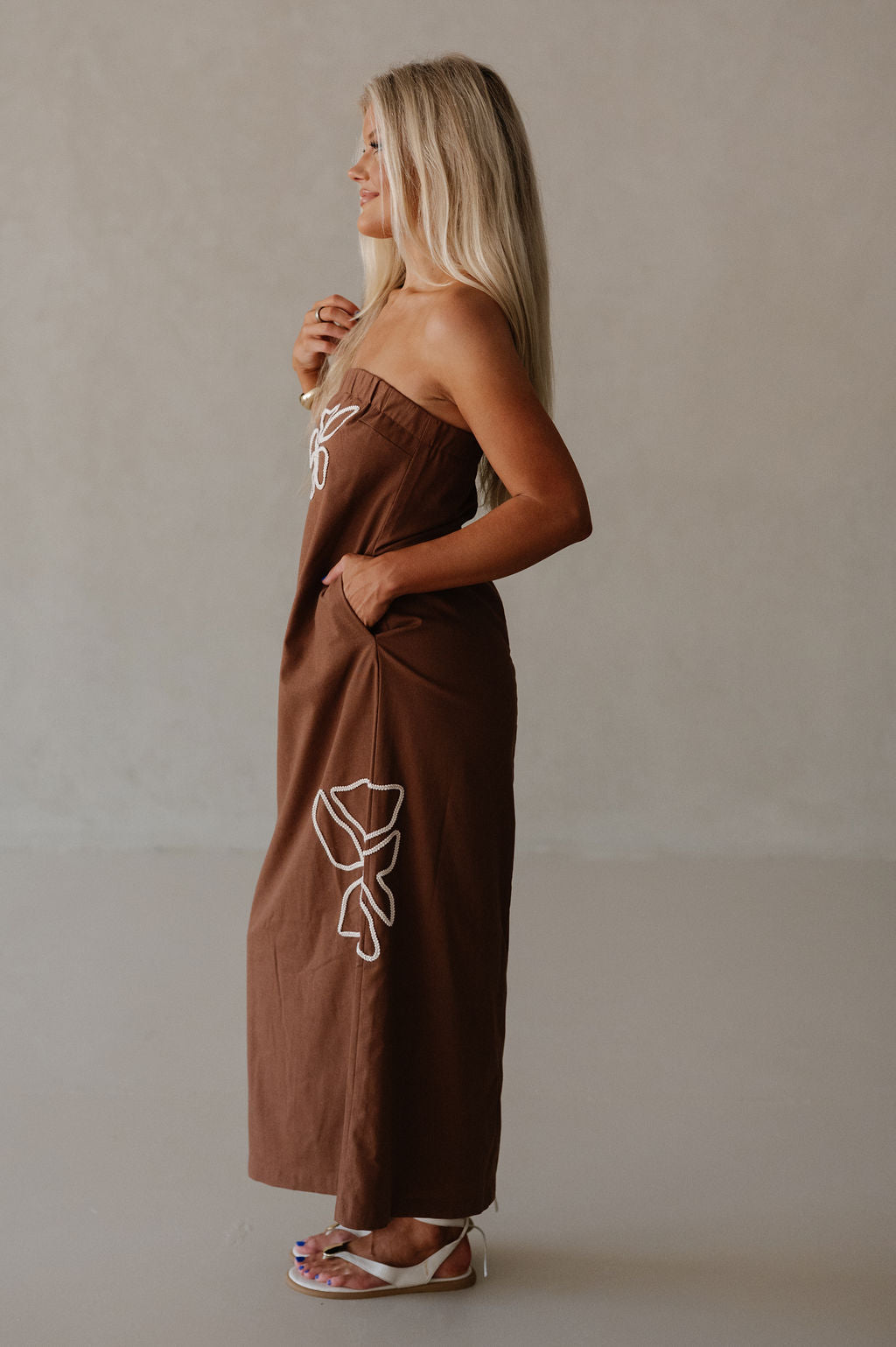 Floral Embroidered Tube Maxi Dress-Brown