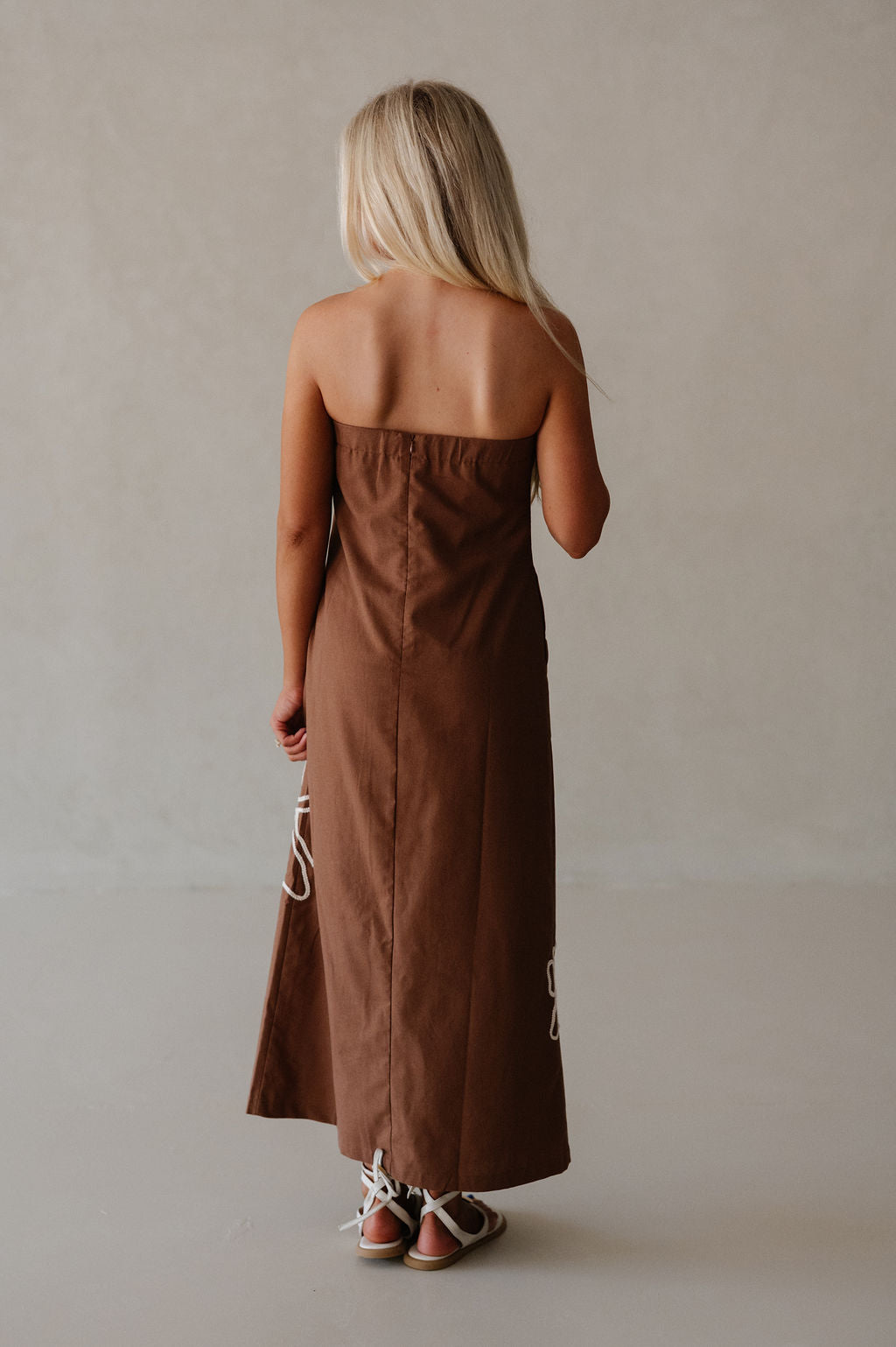 Floral Embroidered Tube Maxi Dress-Brown