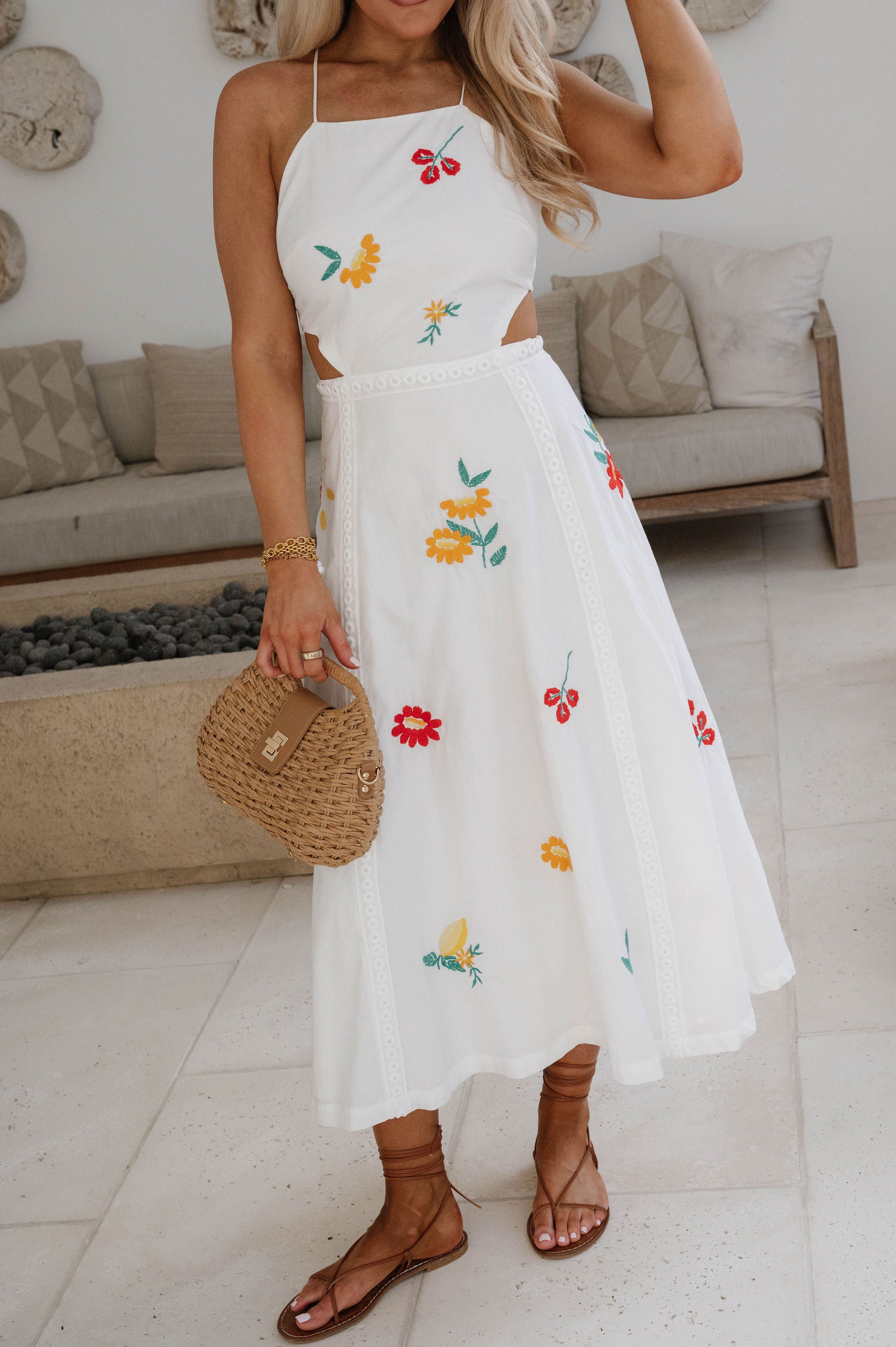 Embroidered Open Back Midi Dress-Off White