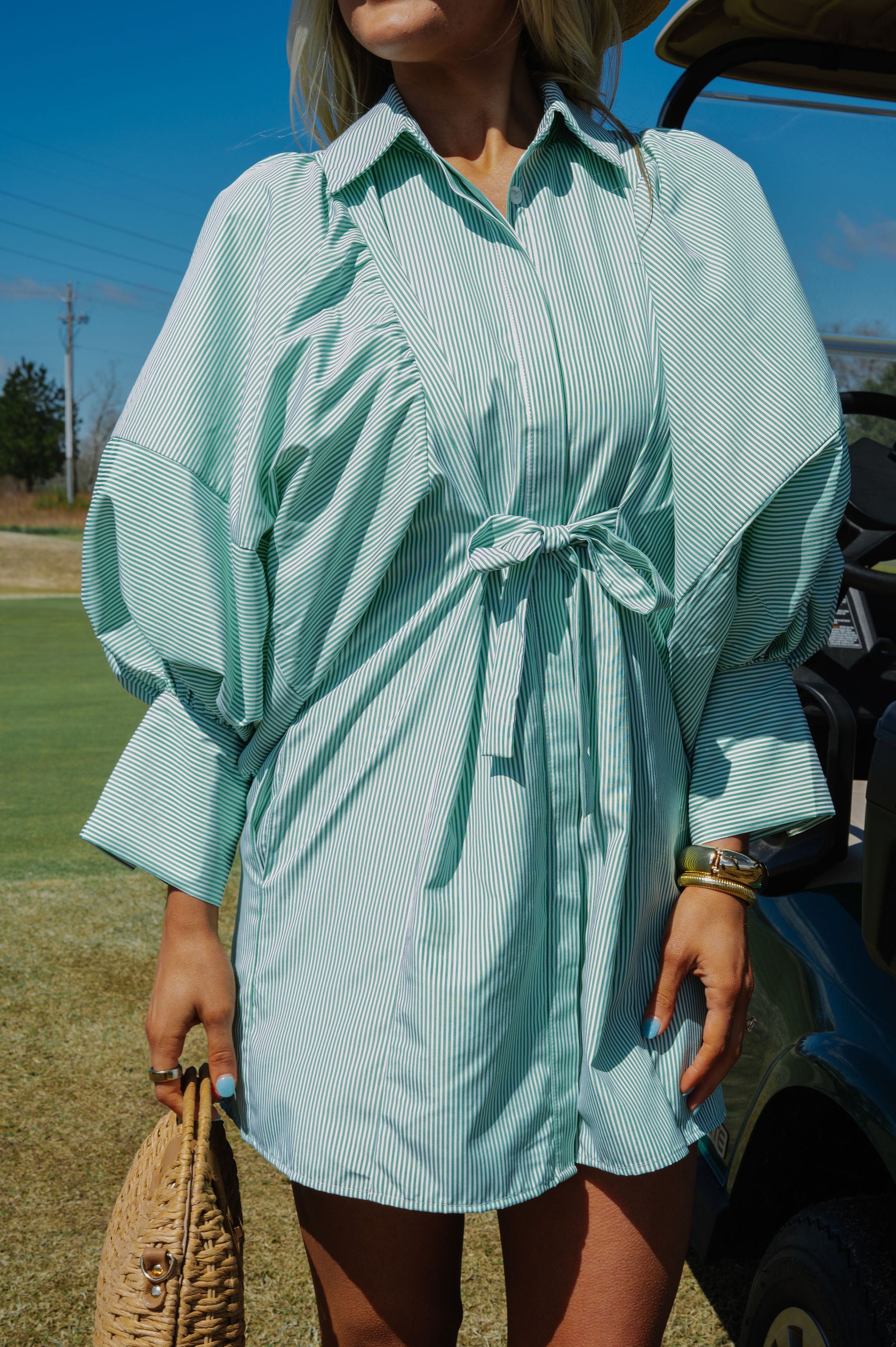 Puff Sleeve Mini Poplin Dress-Green Stripe