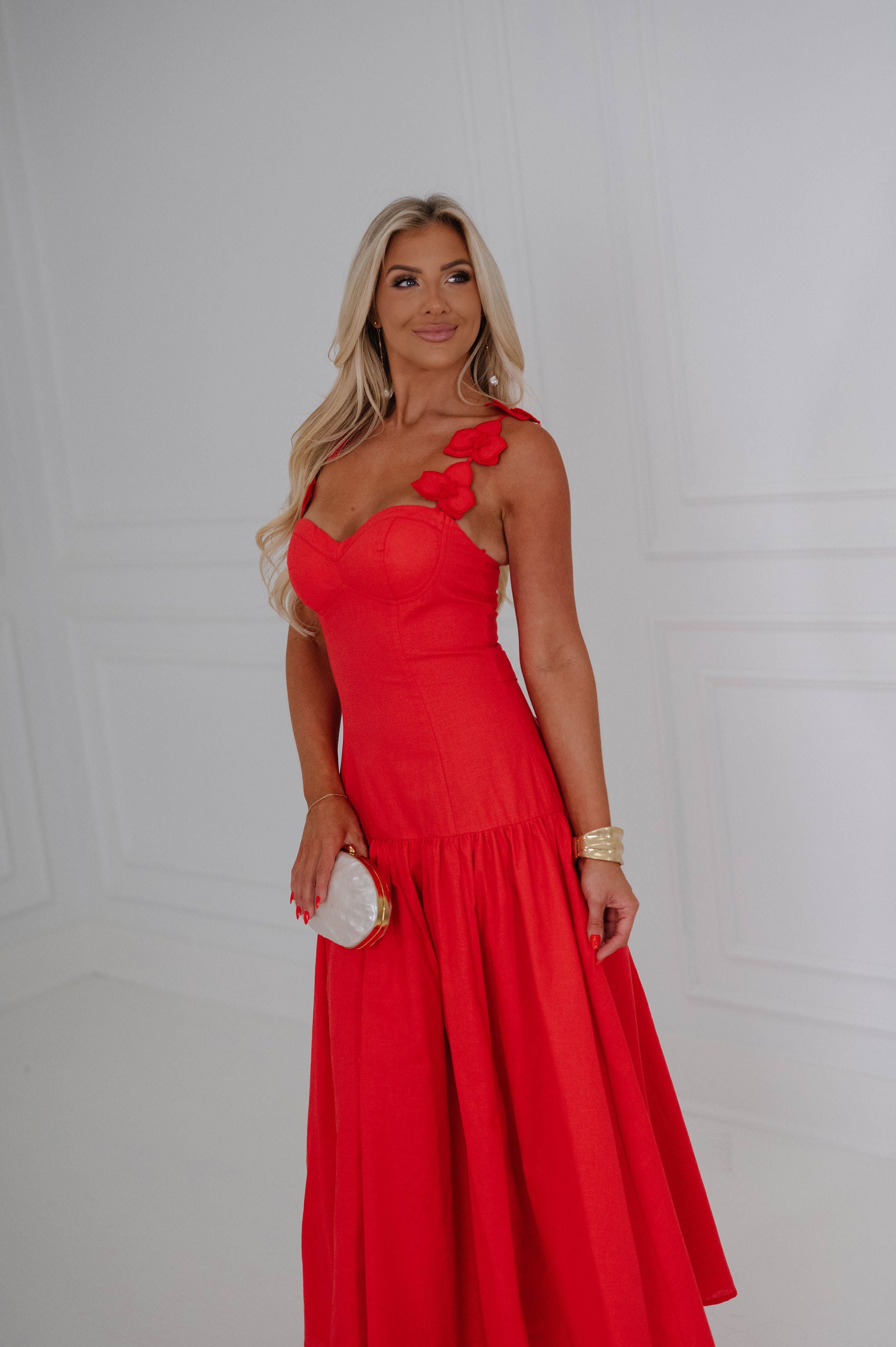 Floral Applique Sweetheart Midi Dress-Red