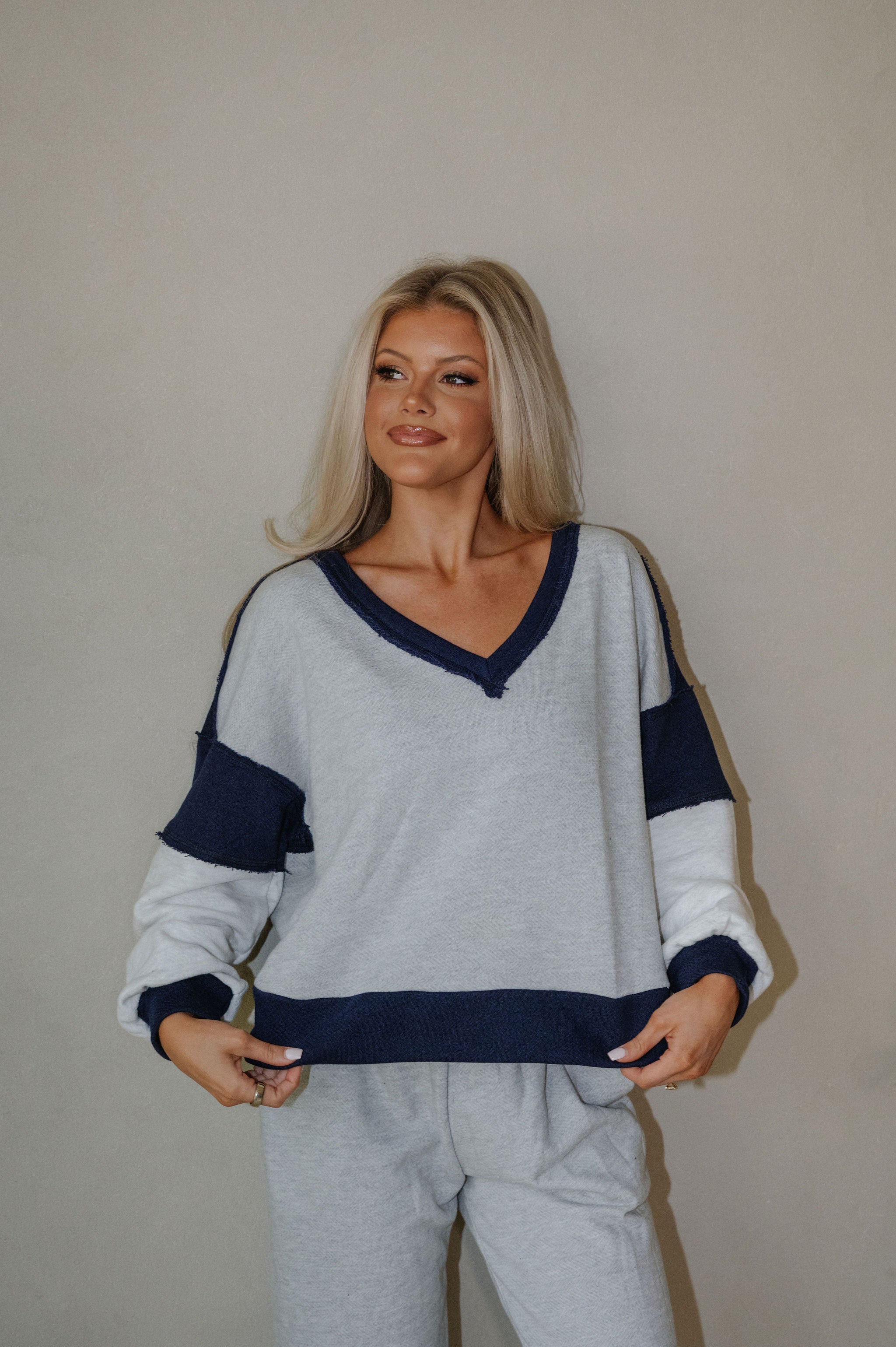 Color Block French Terry Pants Set-Grey