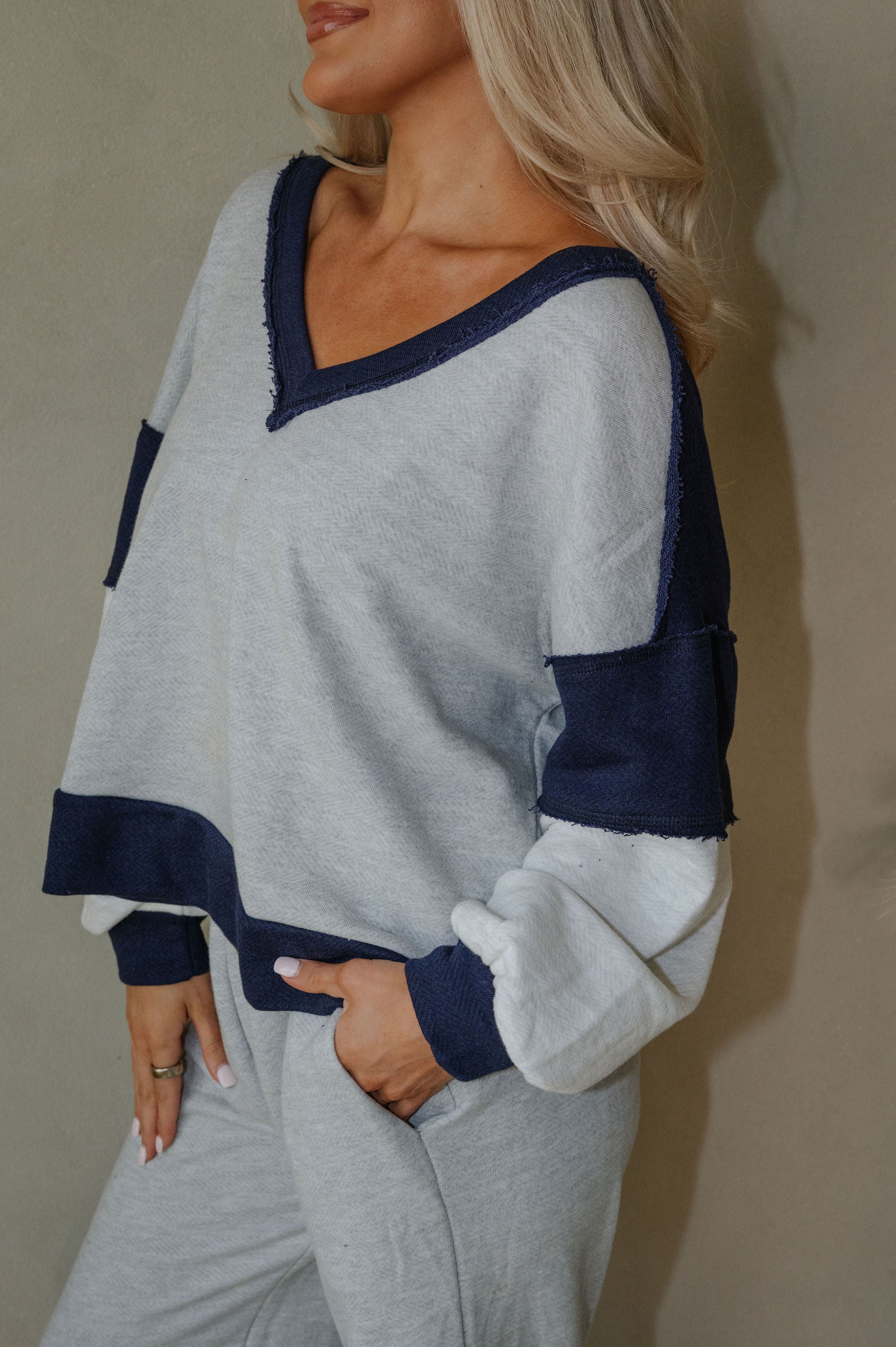 Color Block French Terry Pants Set-Grey