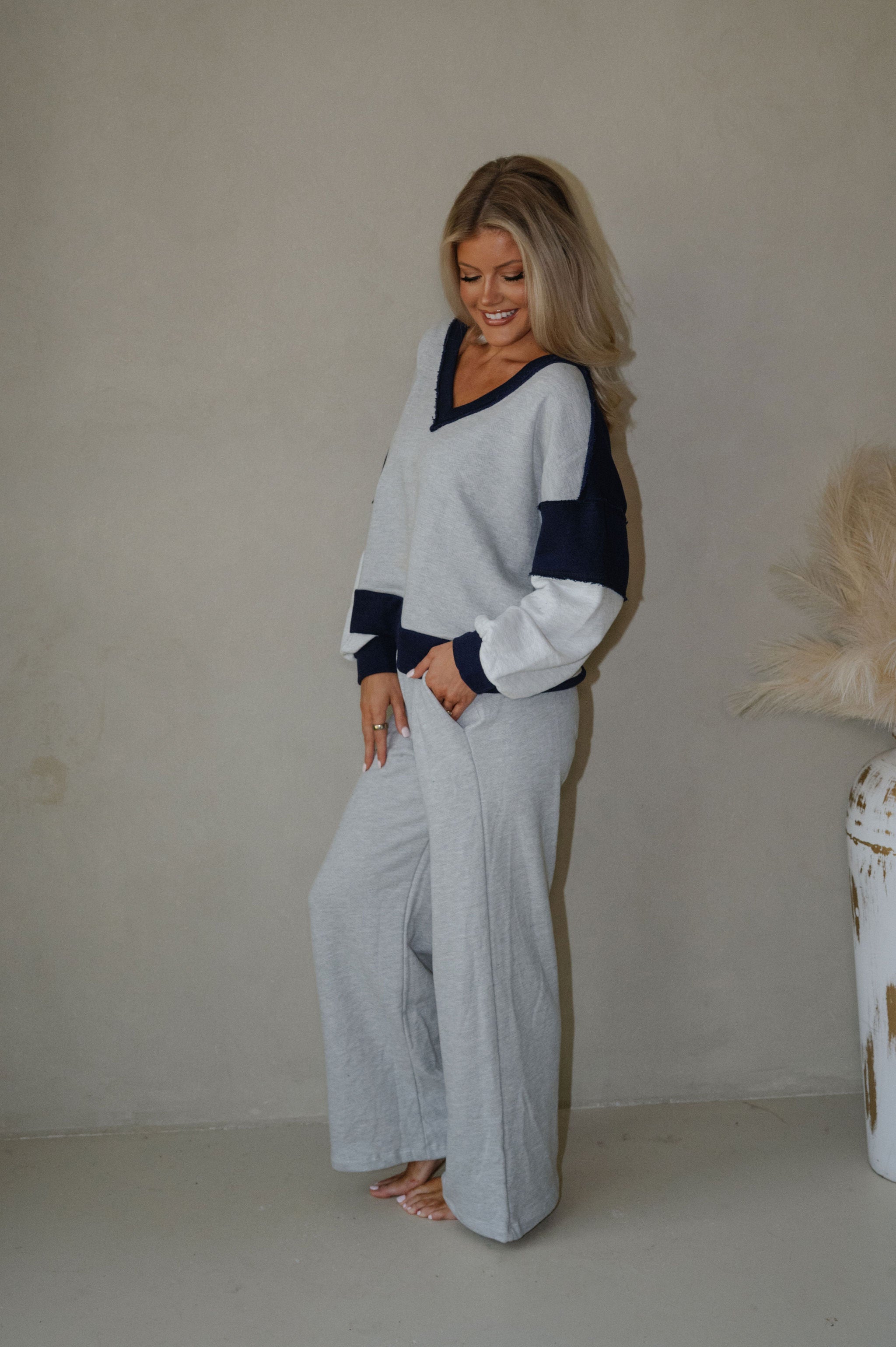 Color Block French Terry Pants Set-Grey