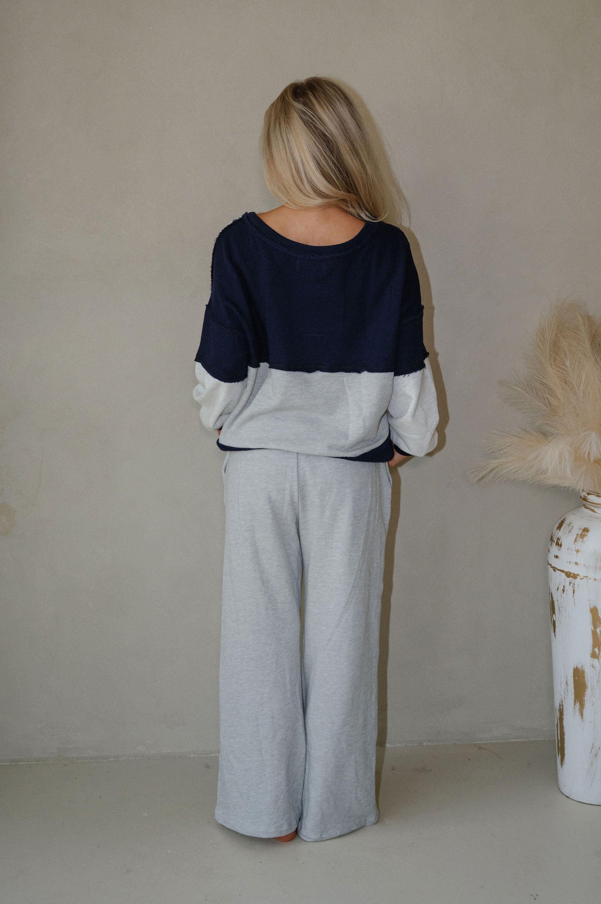 Color Block French Terry Pants Set-Grey
