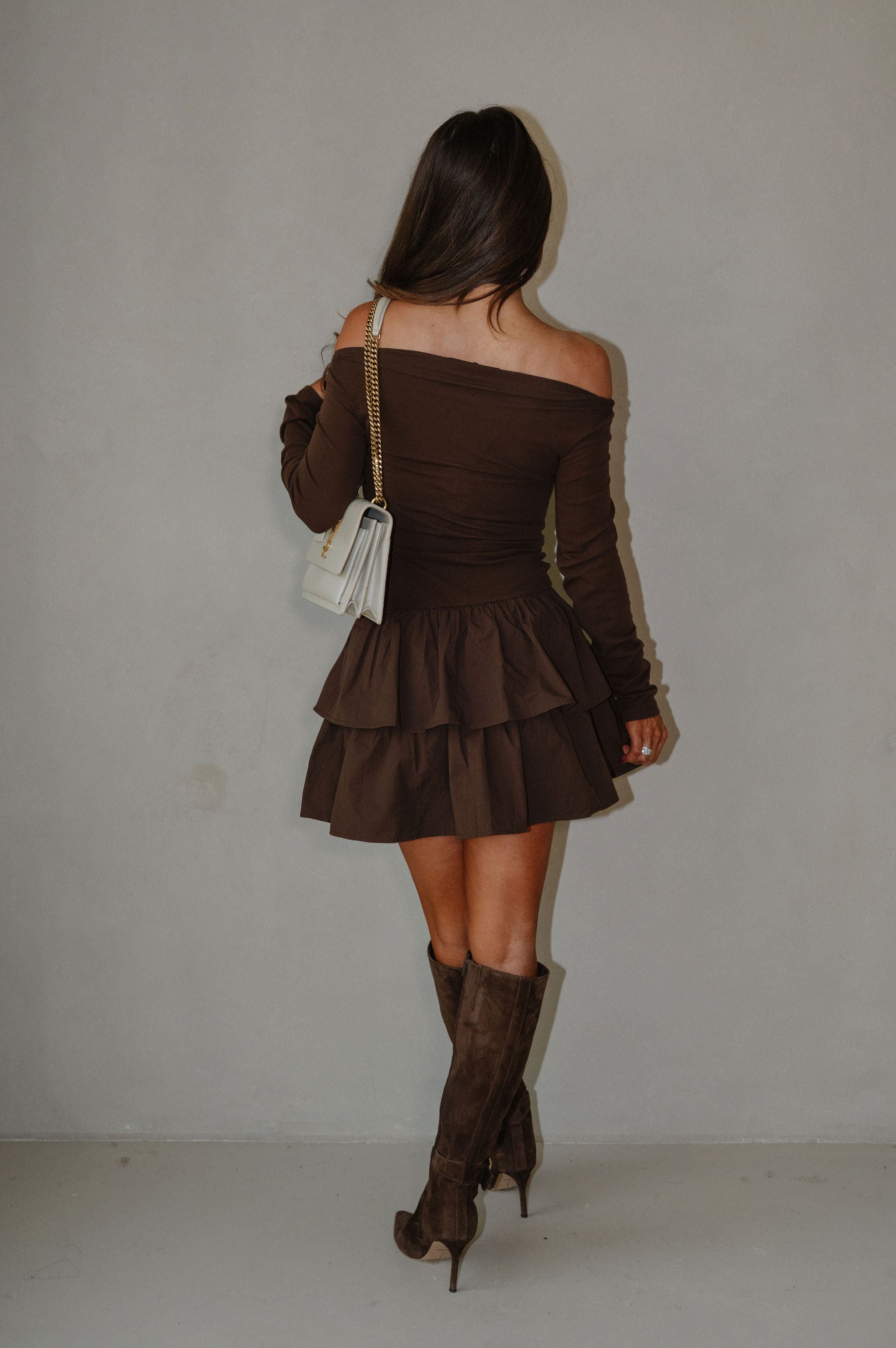 Bennie Boatneck Ruffle Dress-Espresso