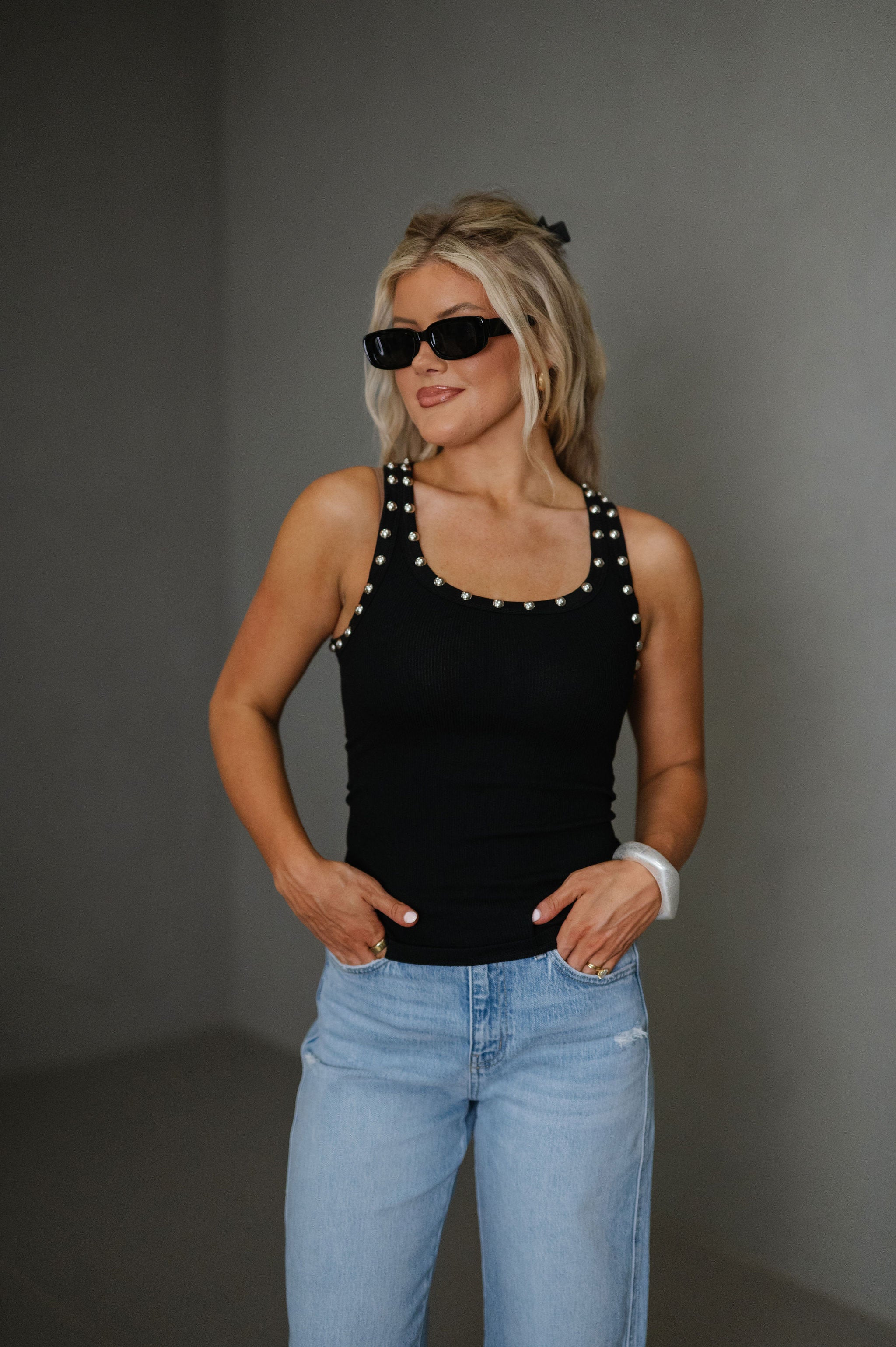 Ella Stud Detailed Tank-Black