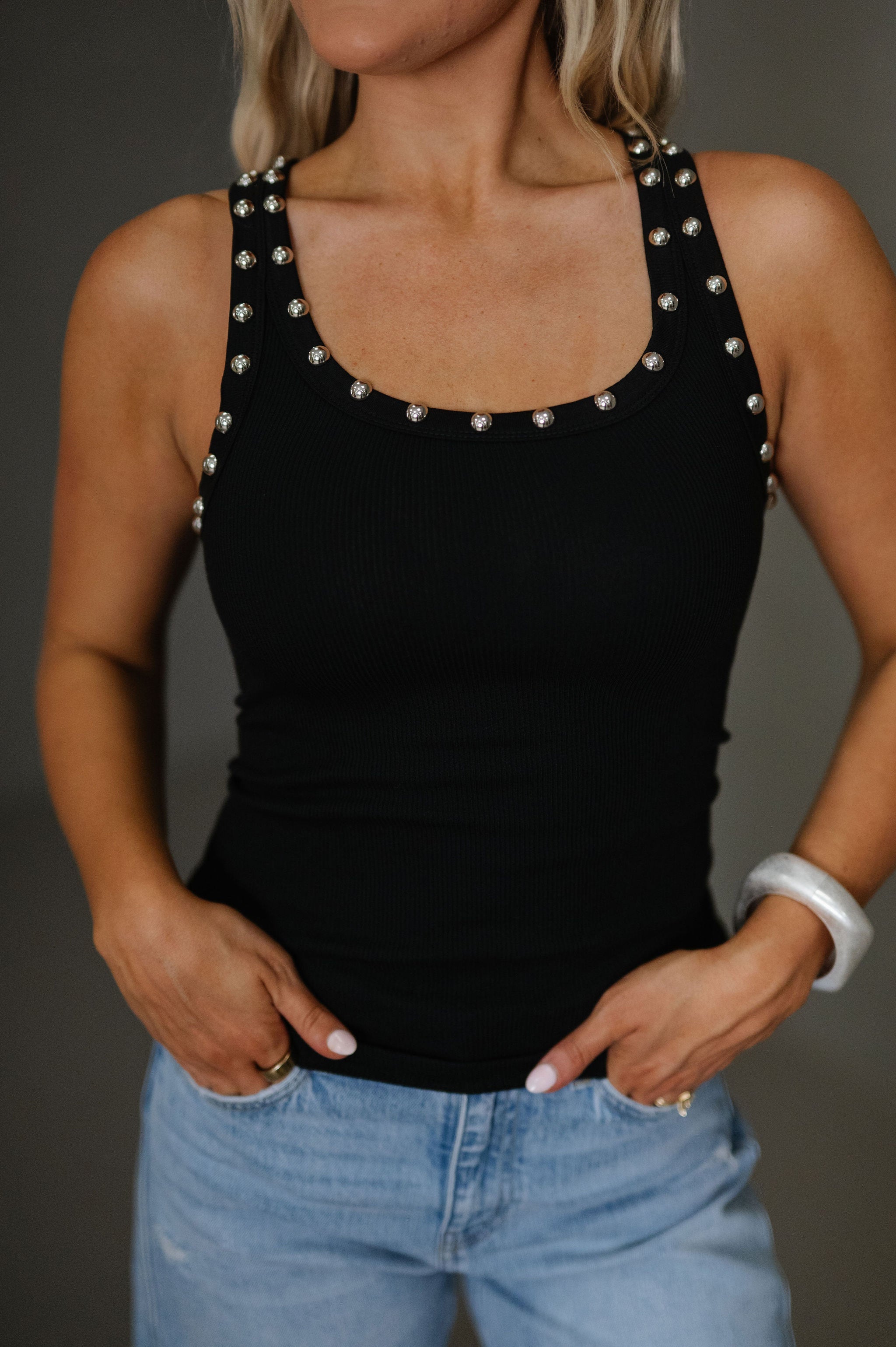 Ella Stud Detailed Tank-Black