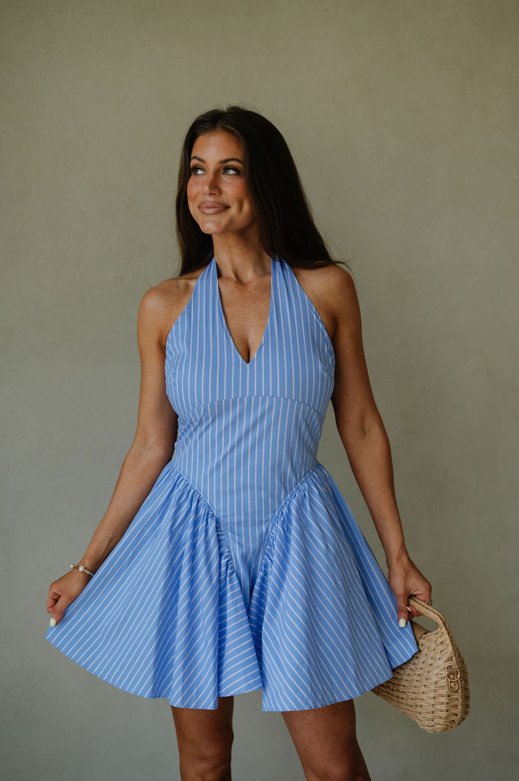 Striped Pleated Hem Mini Dress-Blue Striped Pleated Hem Mini Dress-Blue