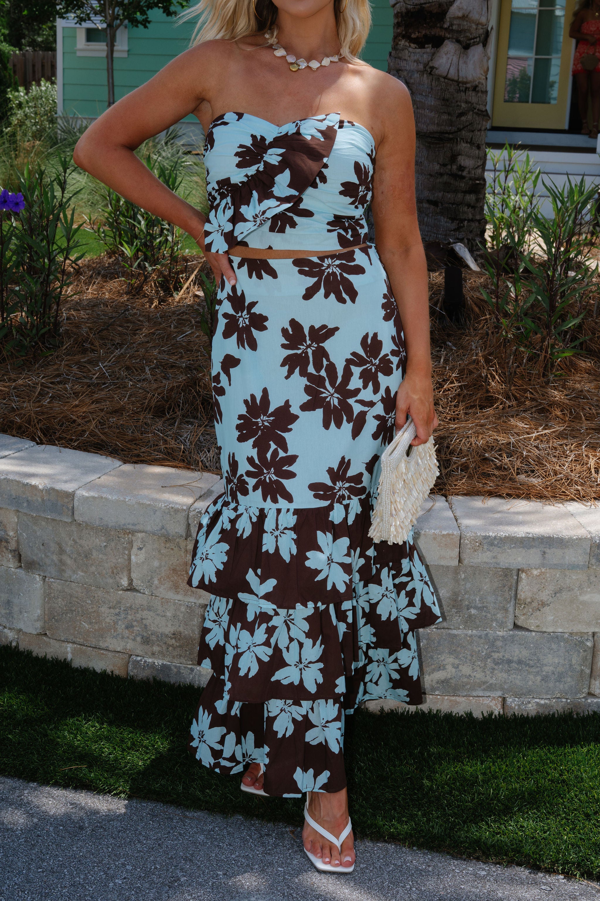 Lillian Floral Ruffle Maxi Skirt Set-Blue