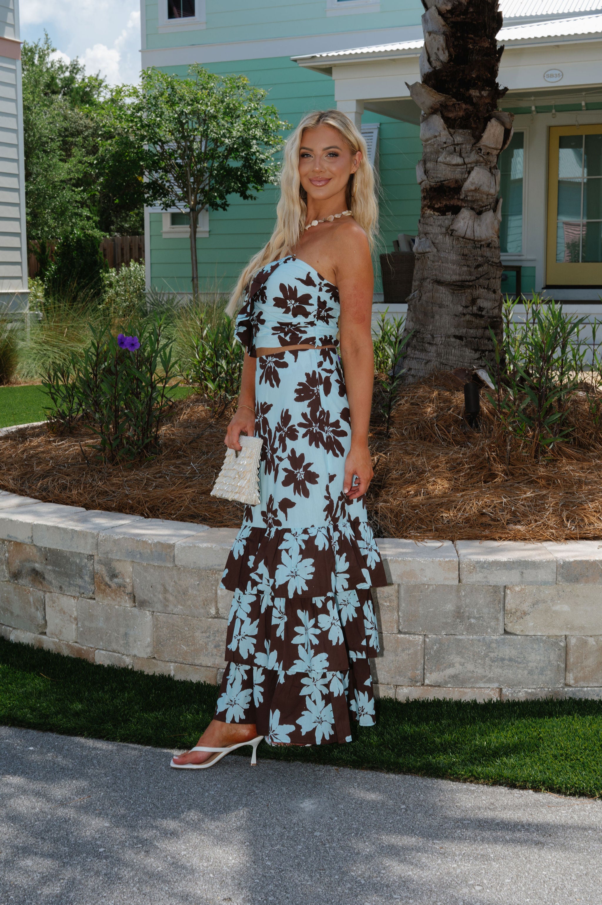 Lillian Floral Ruffle Maxi Skirt Set-Blue