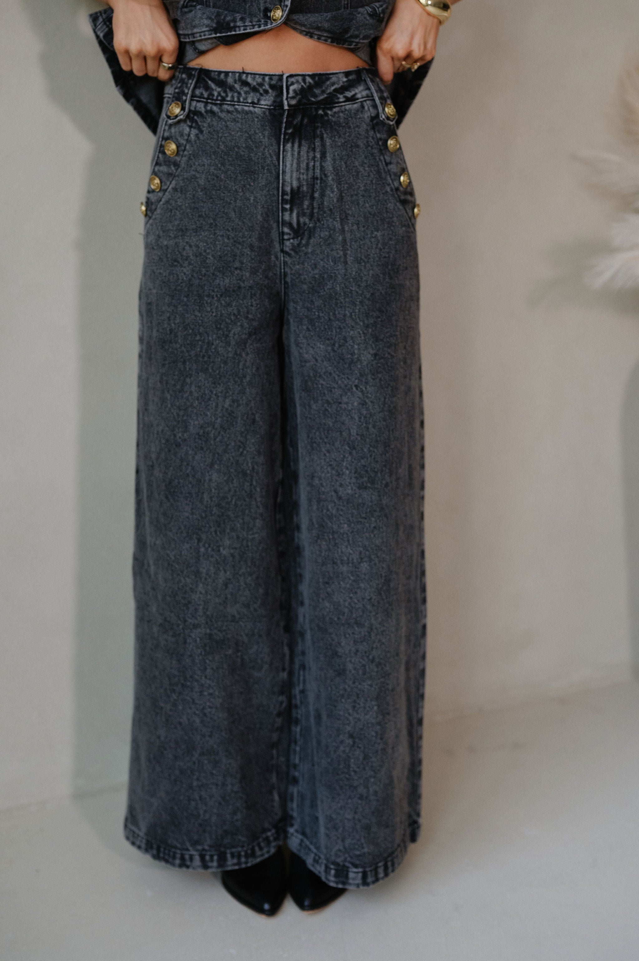 Crew Wide Leg Pants Set-Black