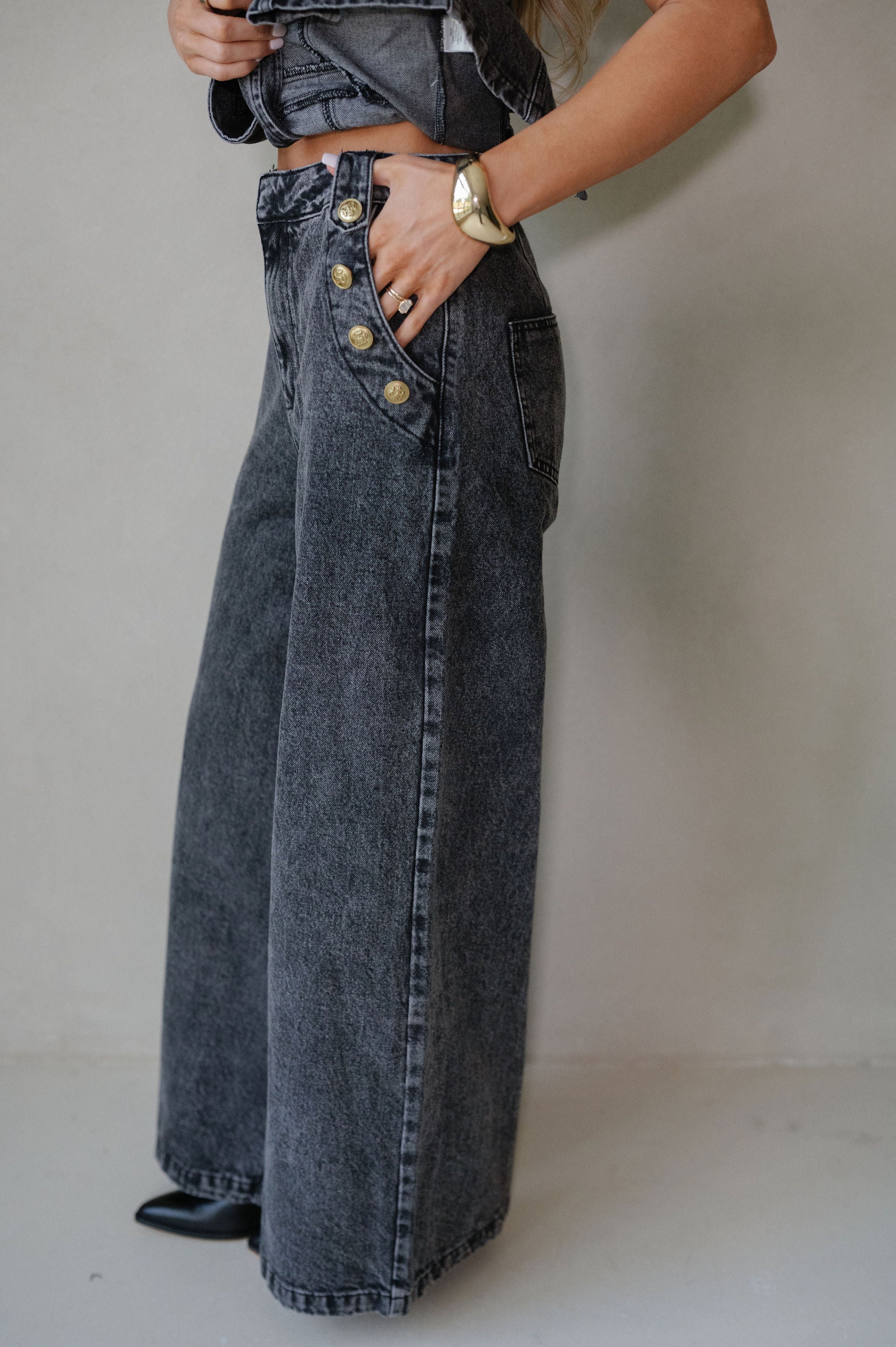 Crew Wide Leg Pants Set-Black