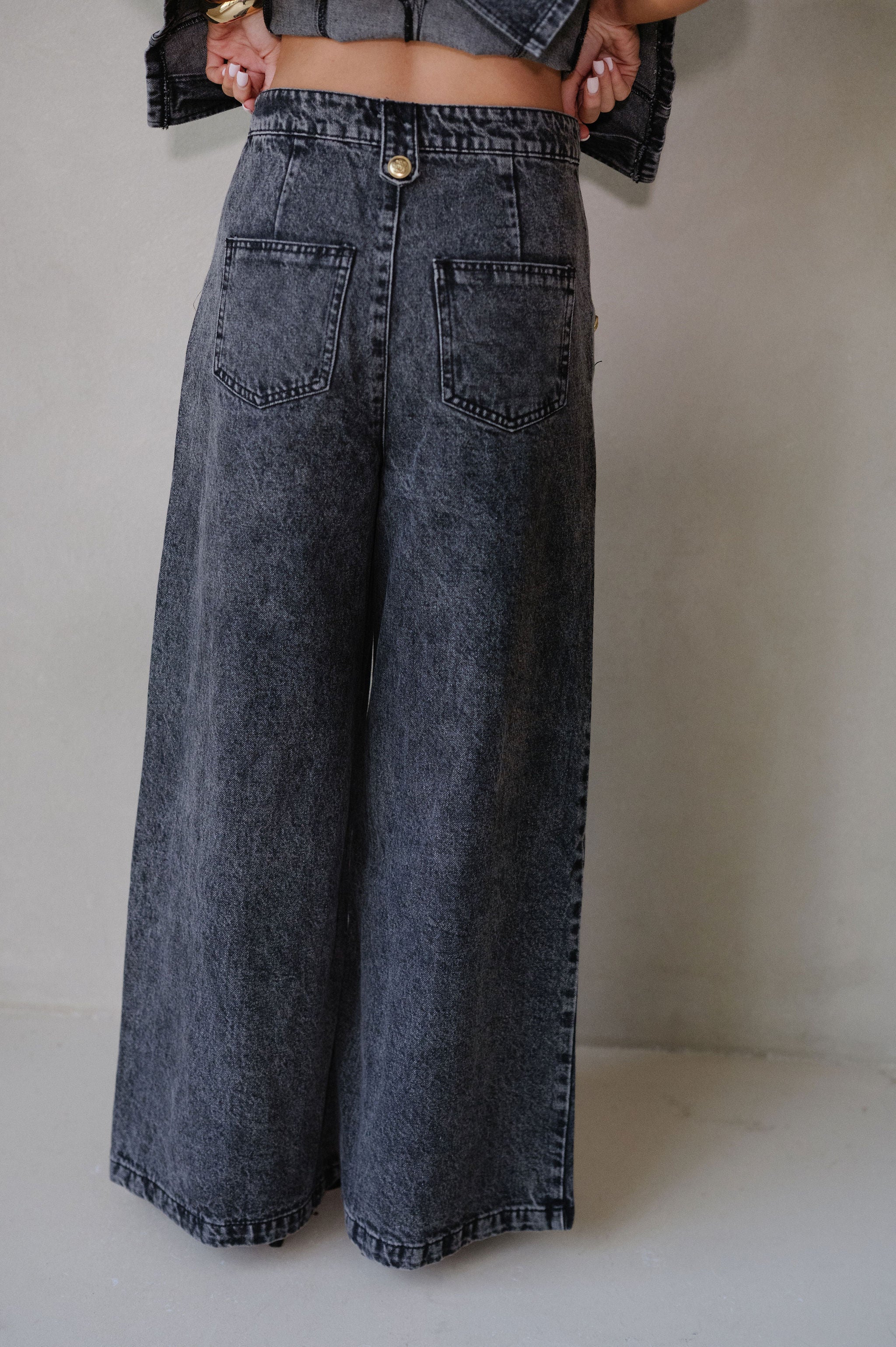 Crew Wide Leg Pants Set-Black