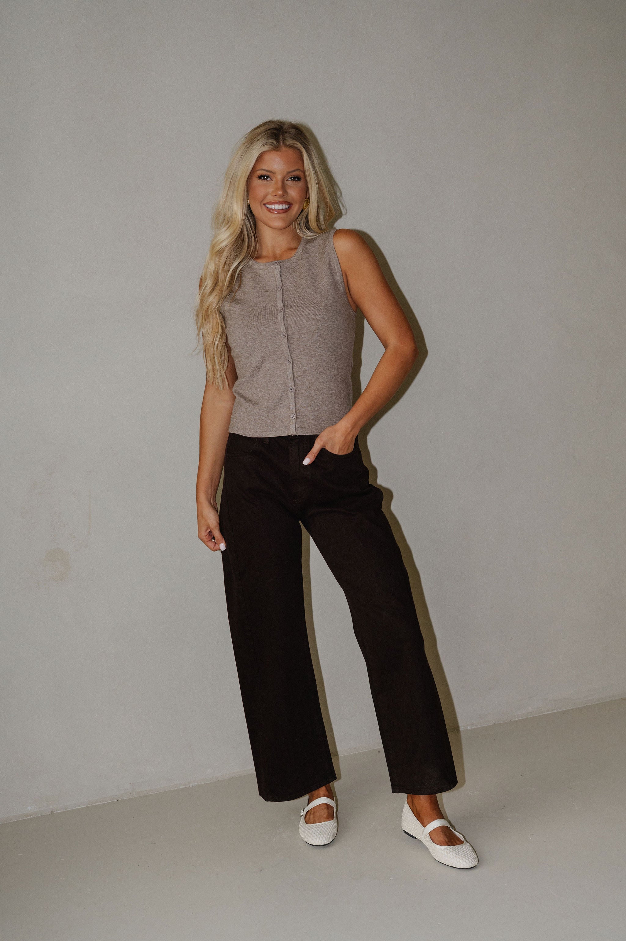 Button Front Sleeveless Sweater Top-Brown
