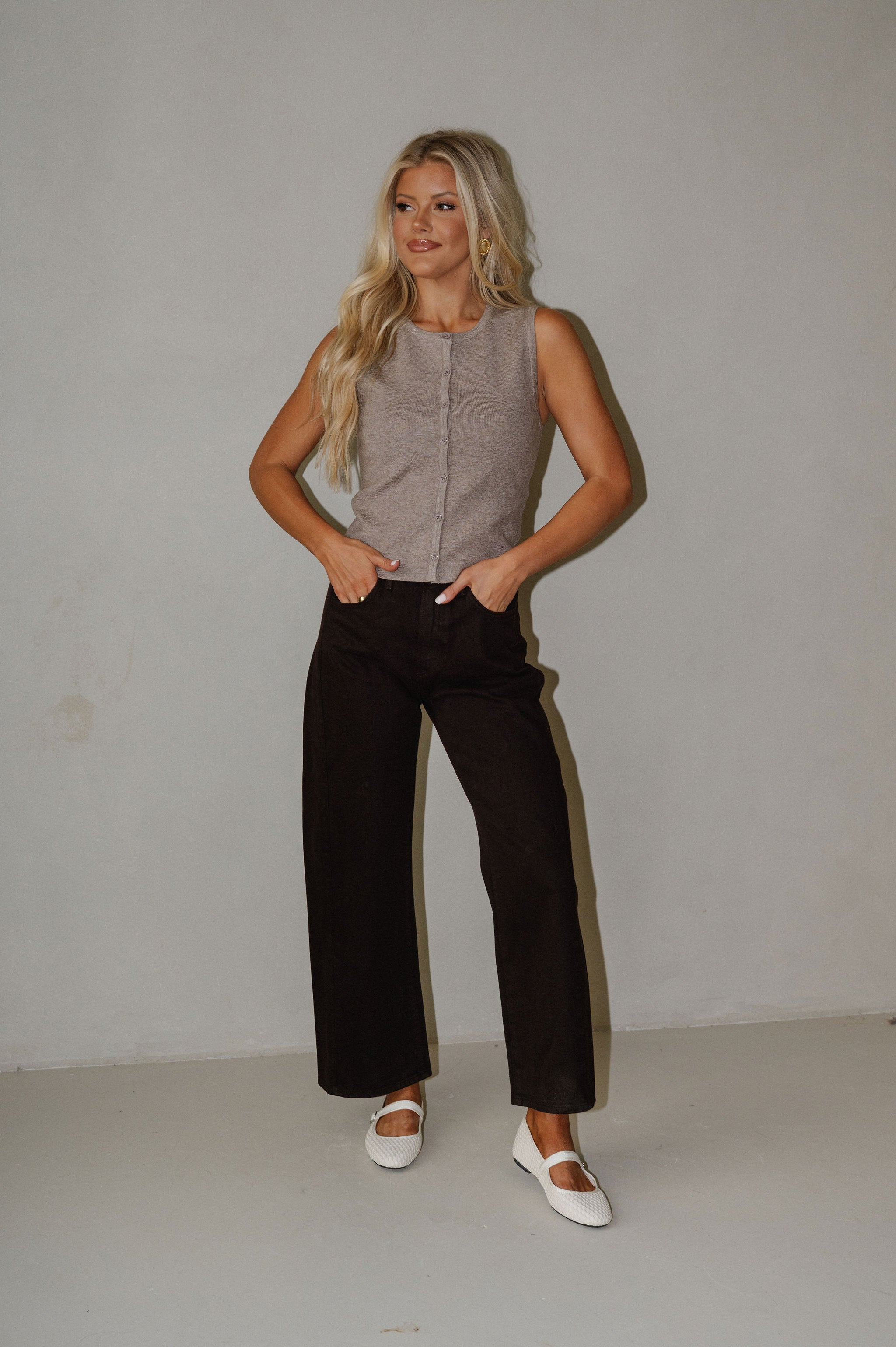 Button Front Sleeveless Sweater Top-Brown