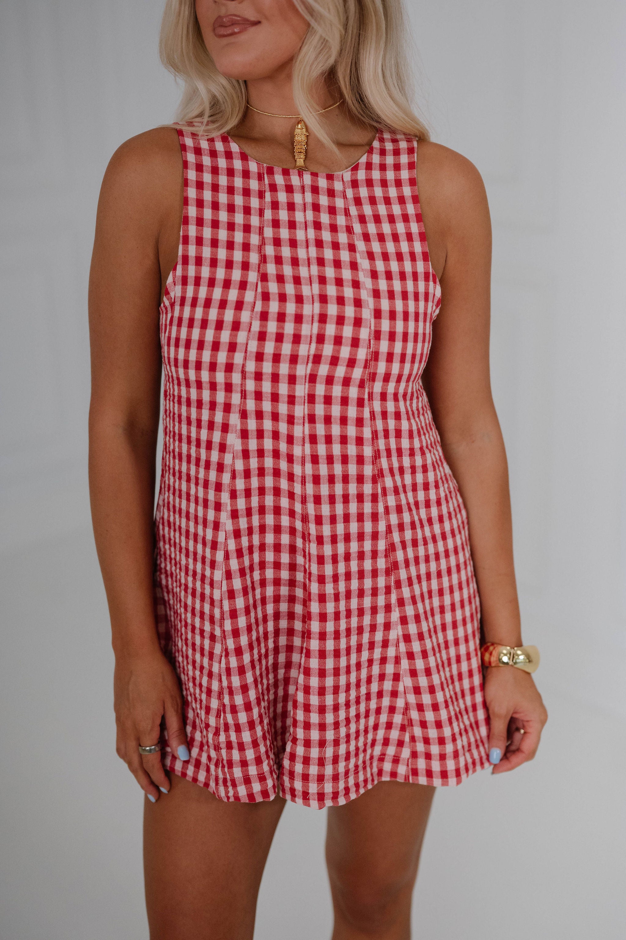 Flared Hem Mini Romper-Red