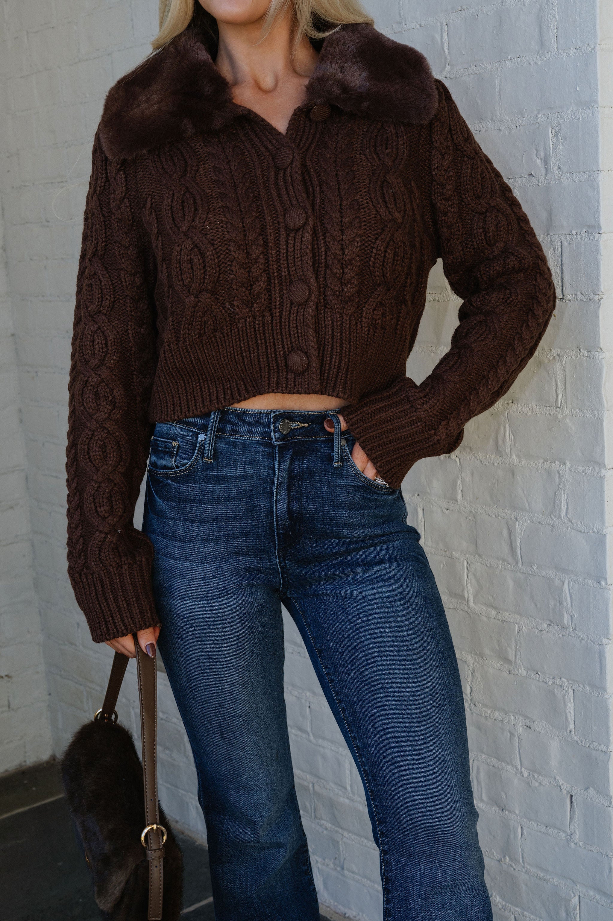 Fur Collar Cardigan-Brown