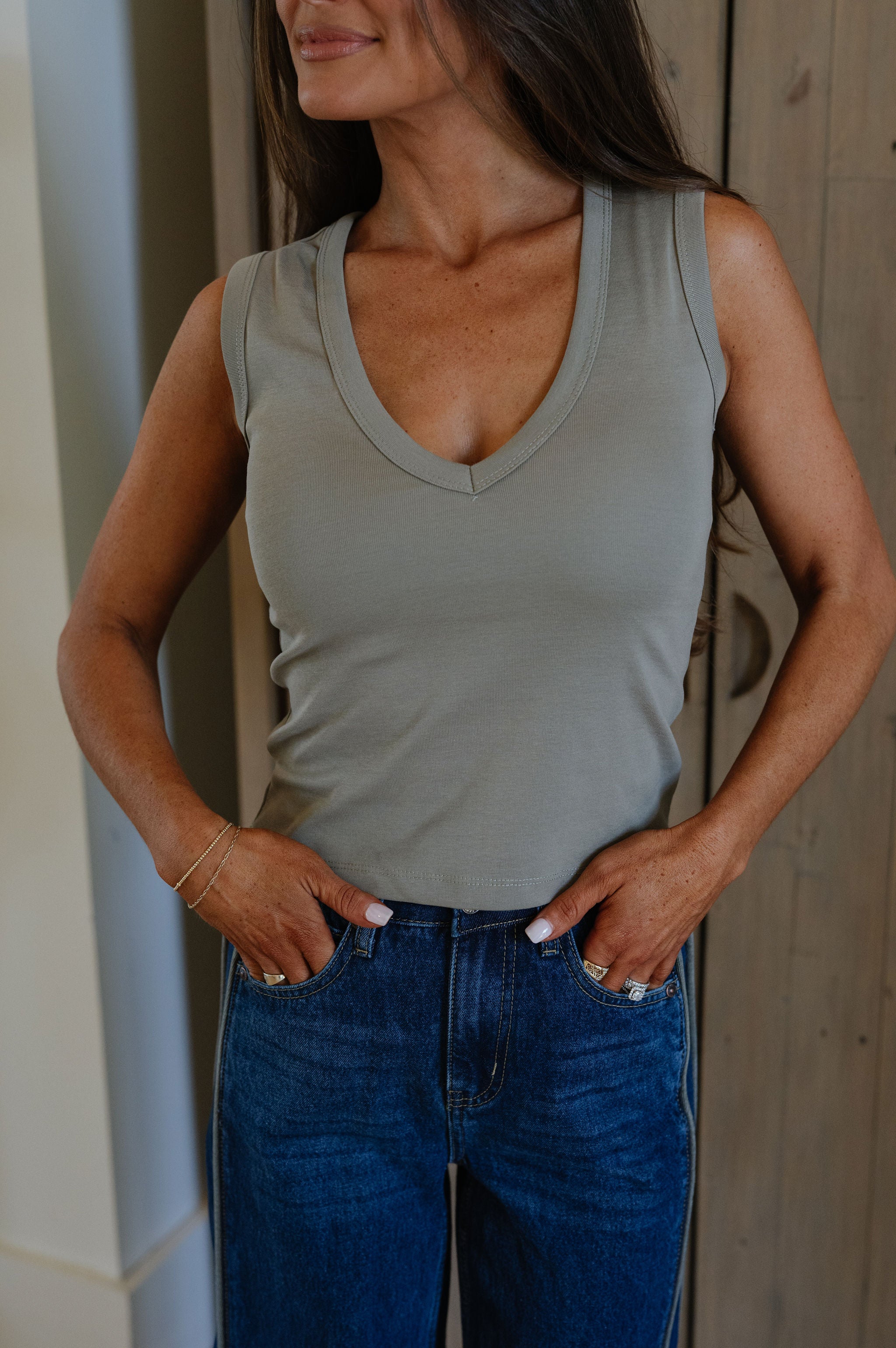 Kenny V-Neck Tank-Olive Grey