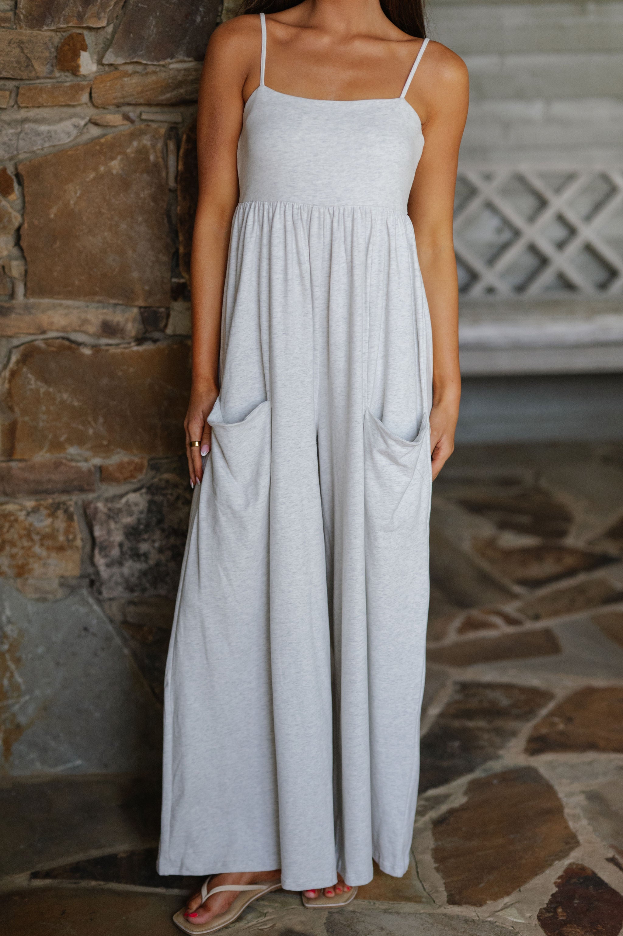Strappy Empire Wide Leg Jumpsuit-Light Grey