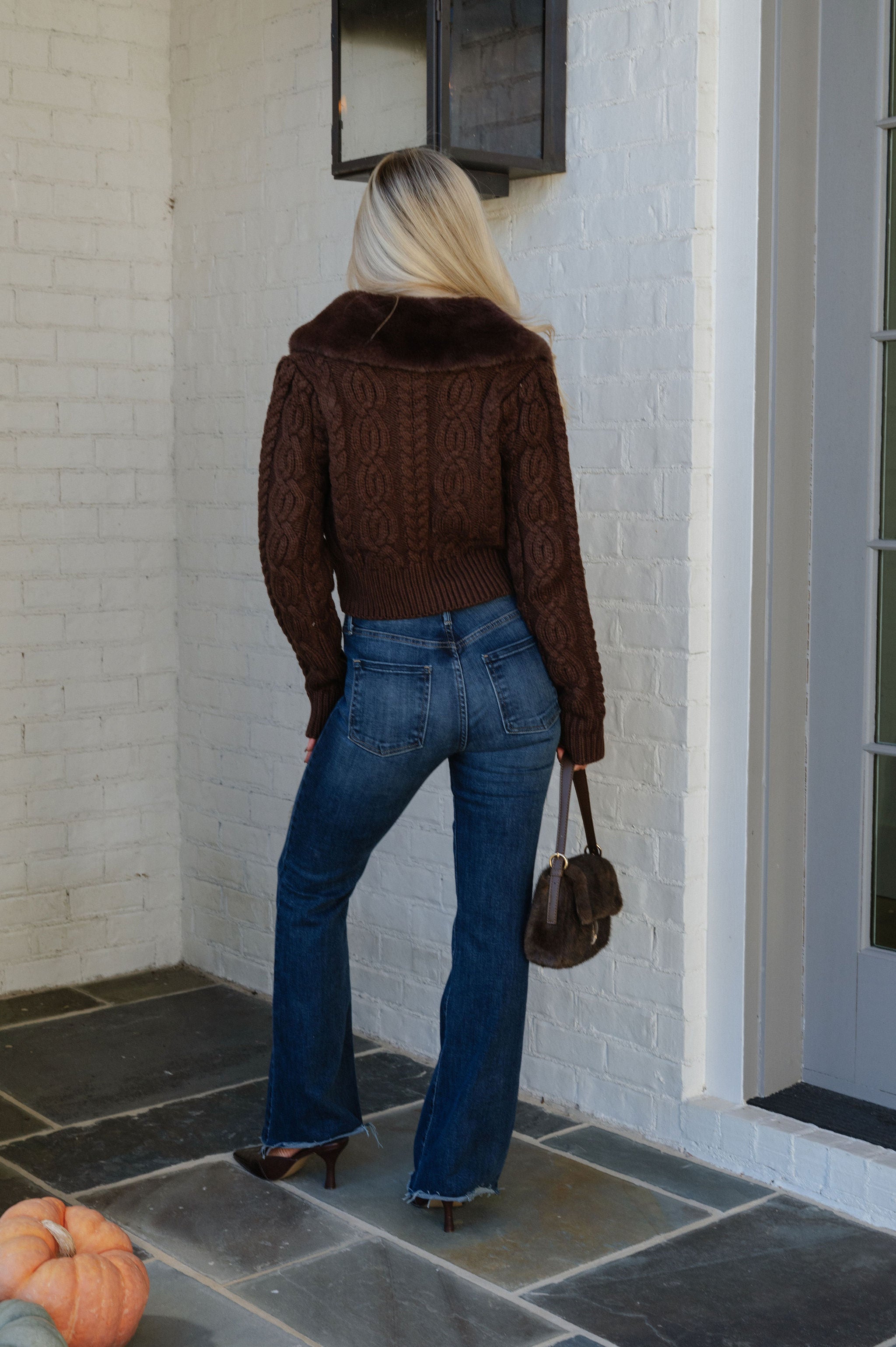 Fur Collar Cardigan-Brown