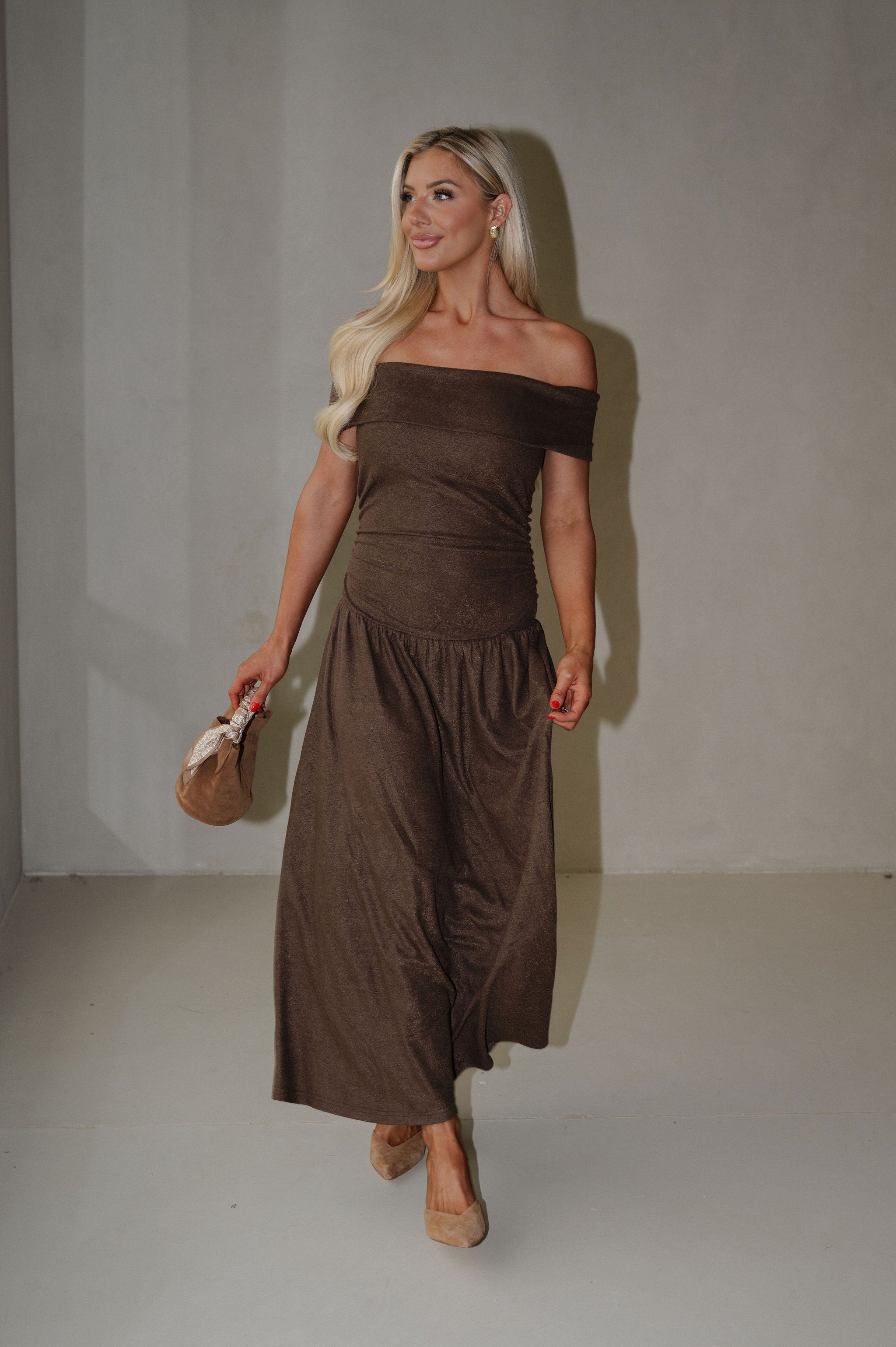 Brooke OTS Low Waist Maxi Dress-Brown