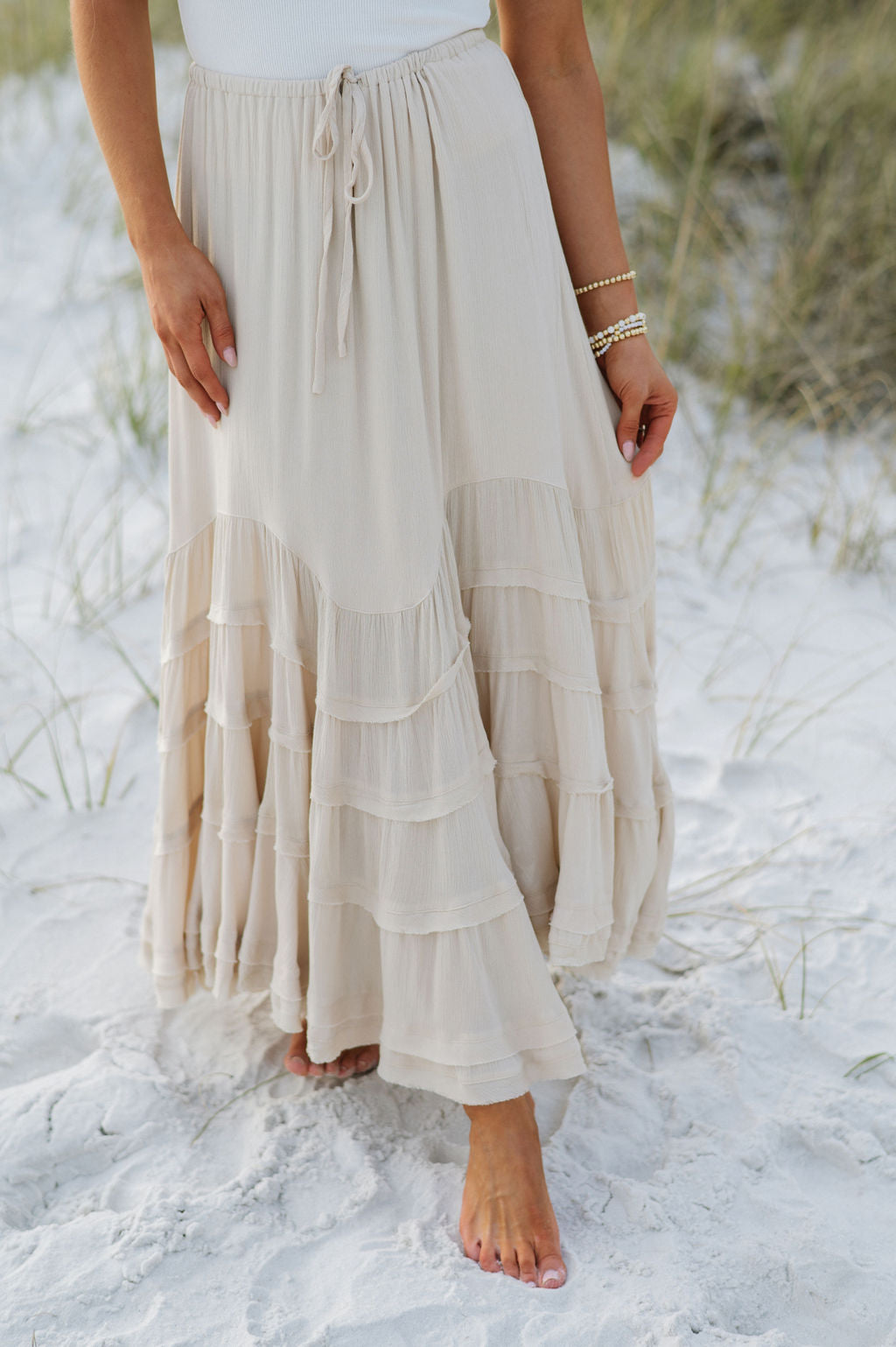Front Tie Wave Tiered Skirt-Natural