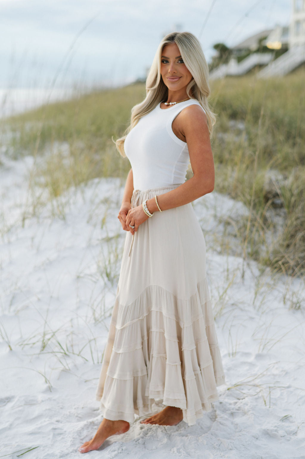 Front Tie Wave Tiered Skirt-Natural