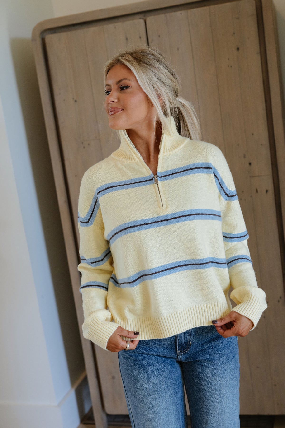 Quarter Zip Striped Sweater-Lemon/Sky