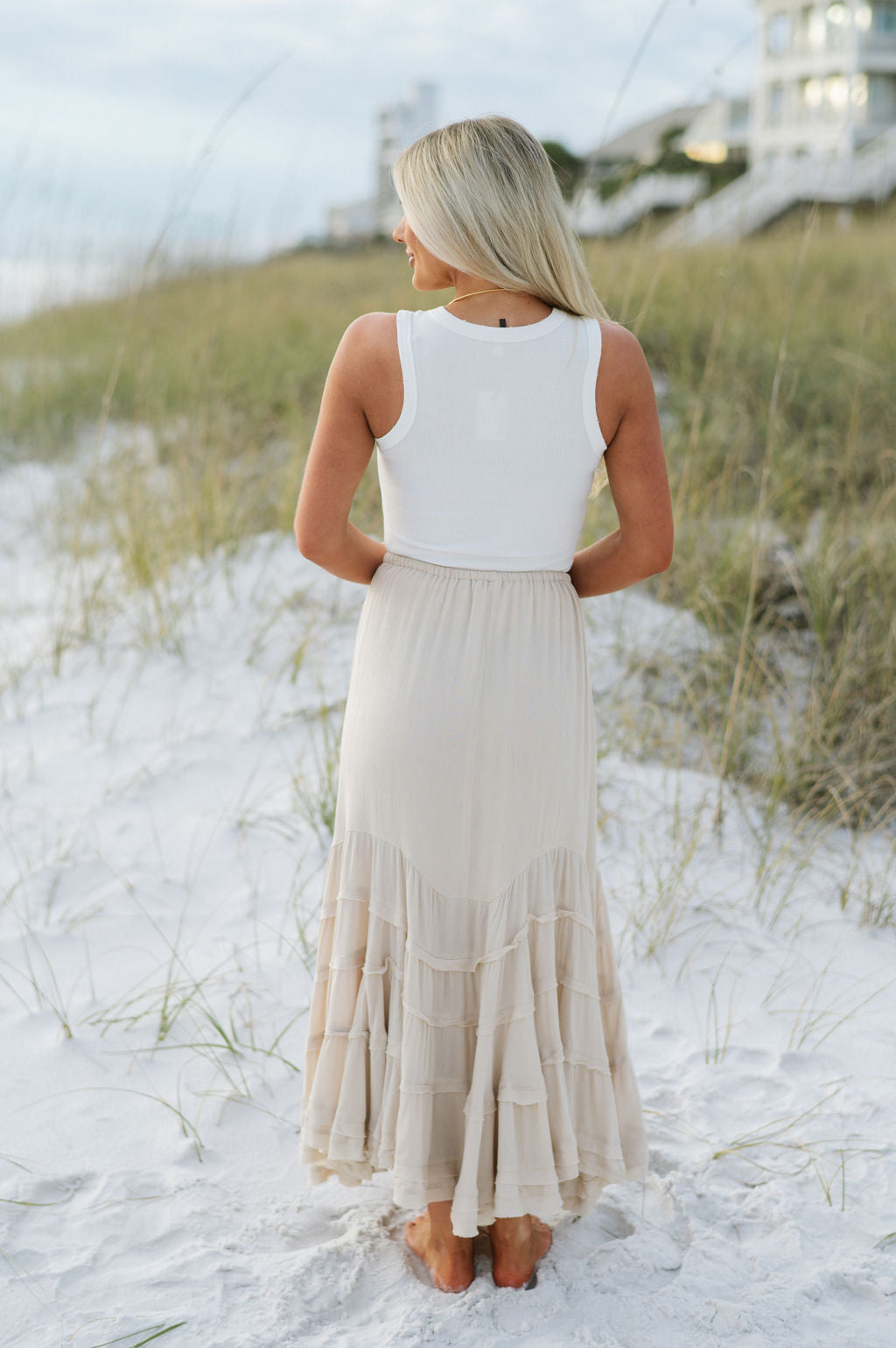 Front Tie Wave Tiered Skirt-Natural