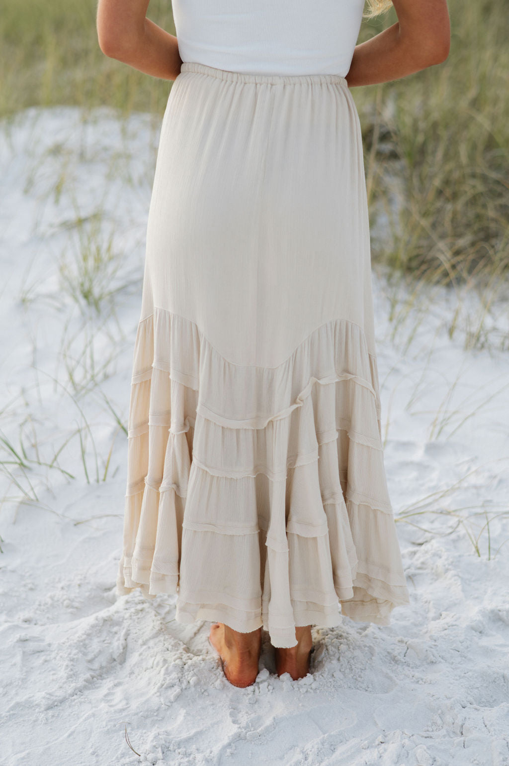 Front Tie Wave Tiered Skirt-Natural