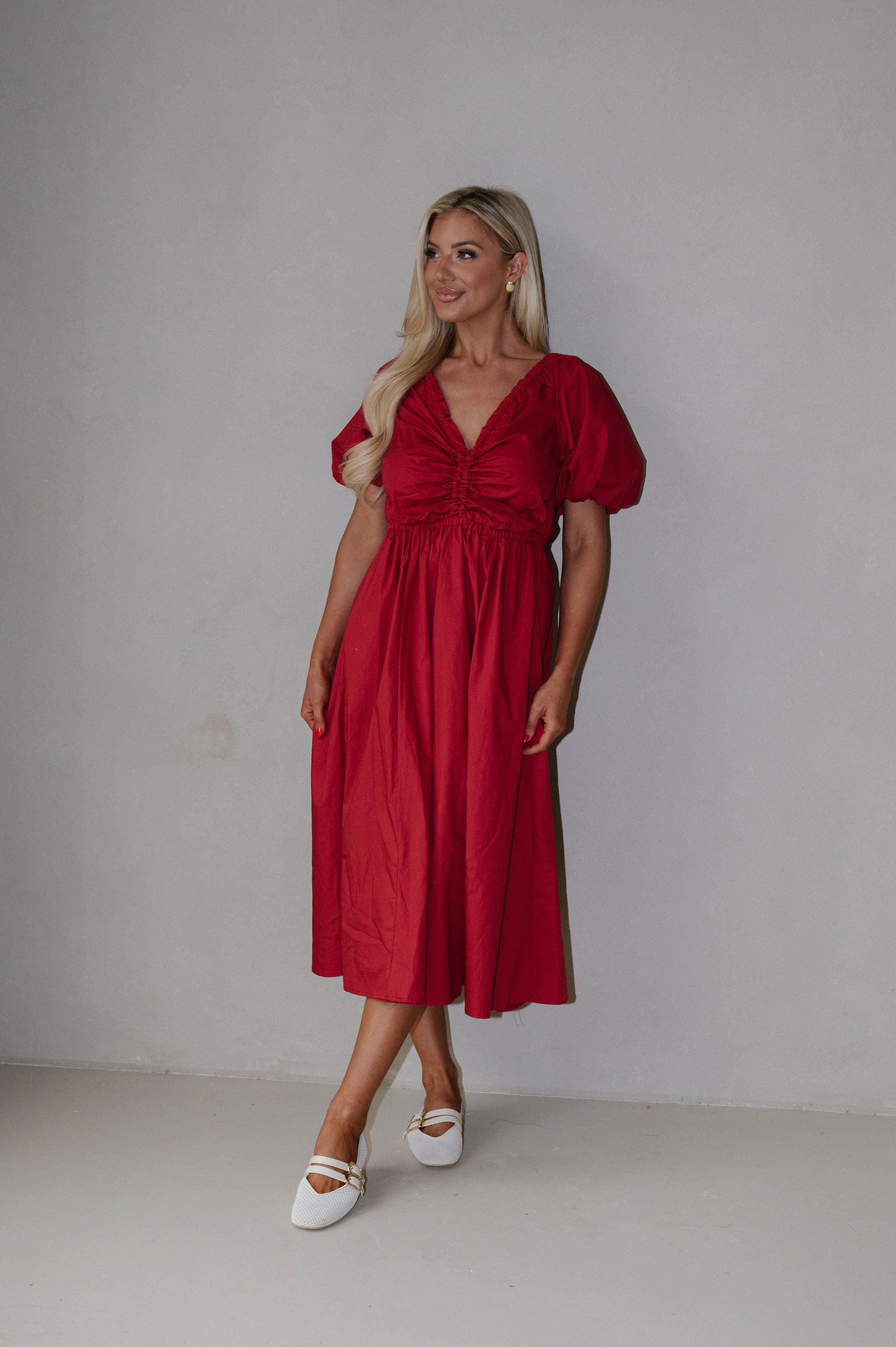 V-Neck Puff Sleeve Dress-Red